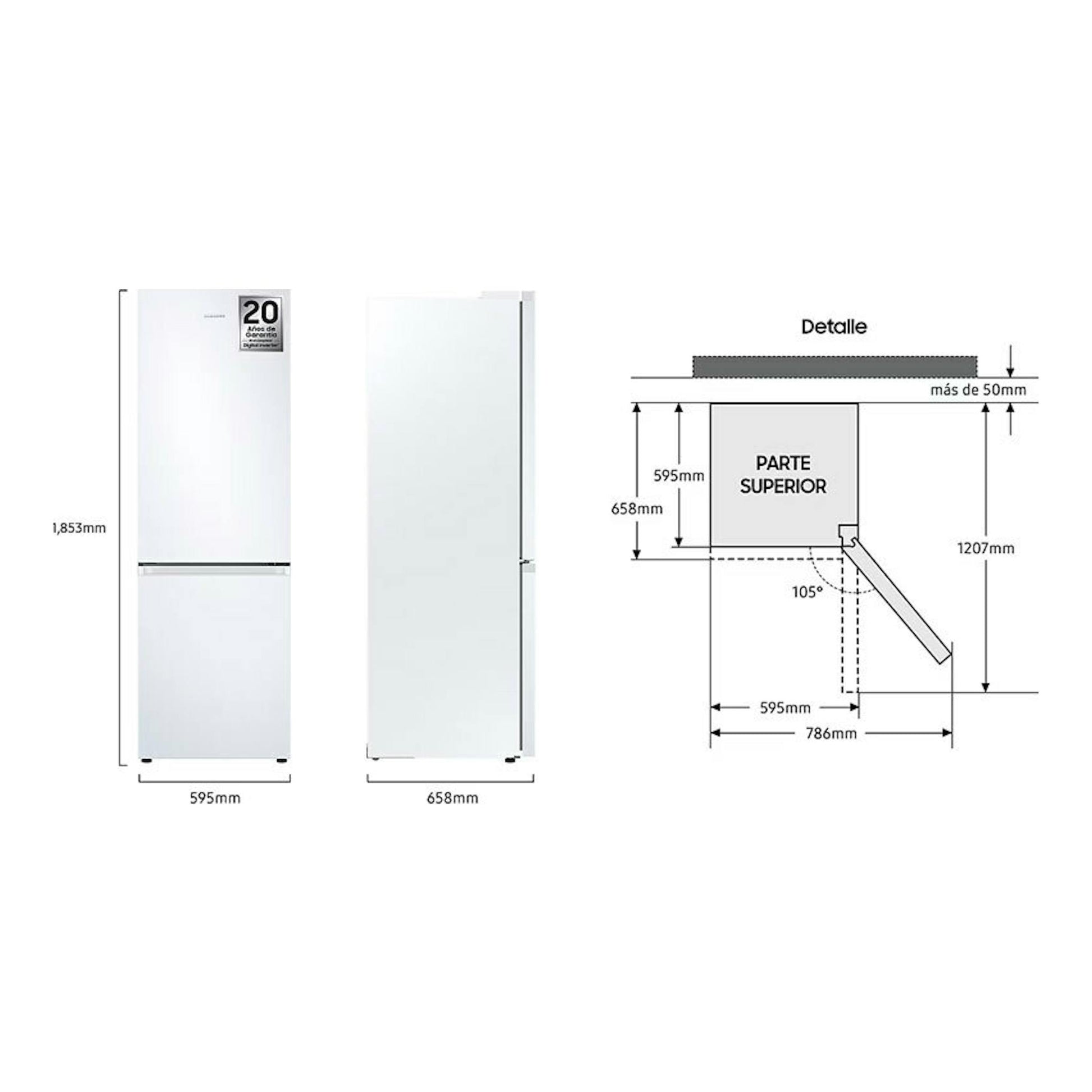 Samsung RB34C600DWW/EF: frigorífico combi blanco, vista frontal y lateral con medidas y esquema de apertura.