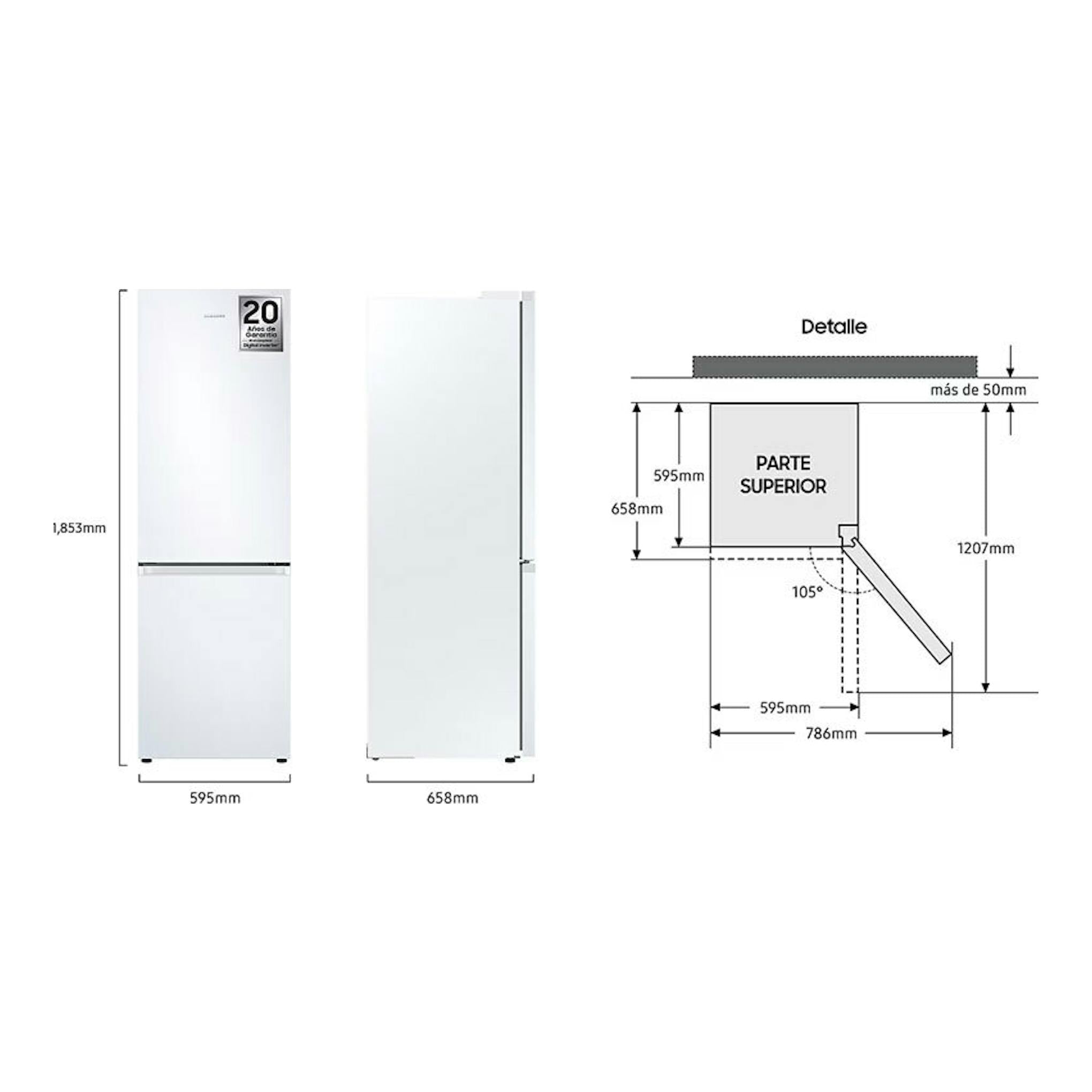 Samsung RB34C600DWW/EF: frigorífico combi blanco, vista frontal y lateral con medidas y esquema de apertura.