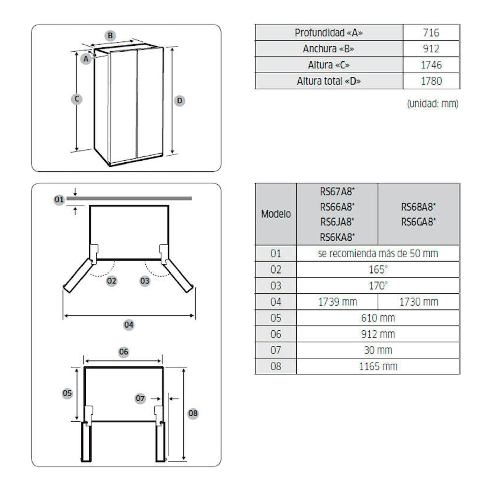 Diagrama de medidas del frigorífico americano Samsung RS68A8831WW/EF en blanco, con vistas frontal y lateral.