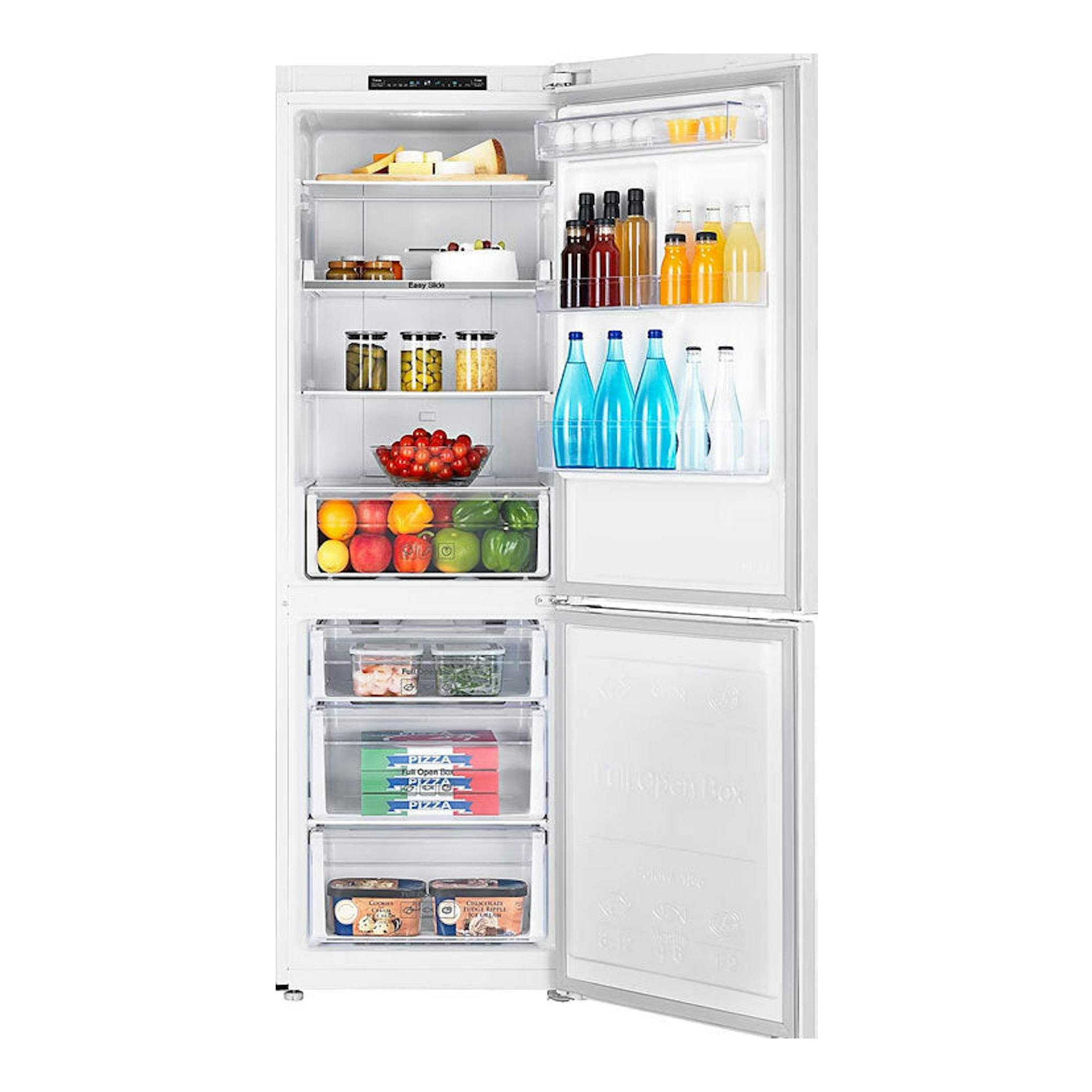 Frigorífico combi Samsung RB33J3000WW/EF blanco, vista frontal con puertas abiertas y alimentos dentro.