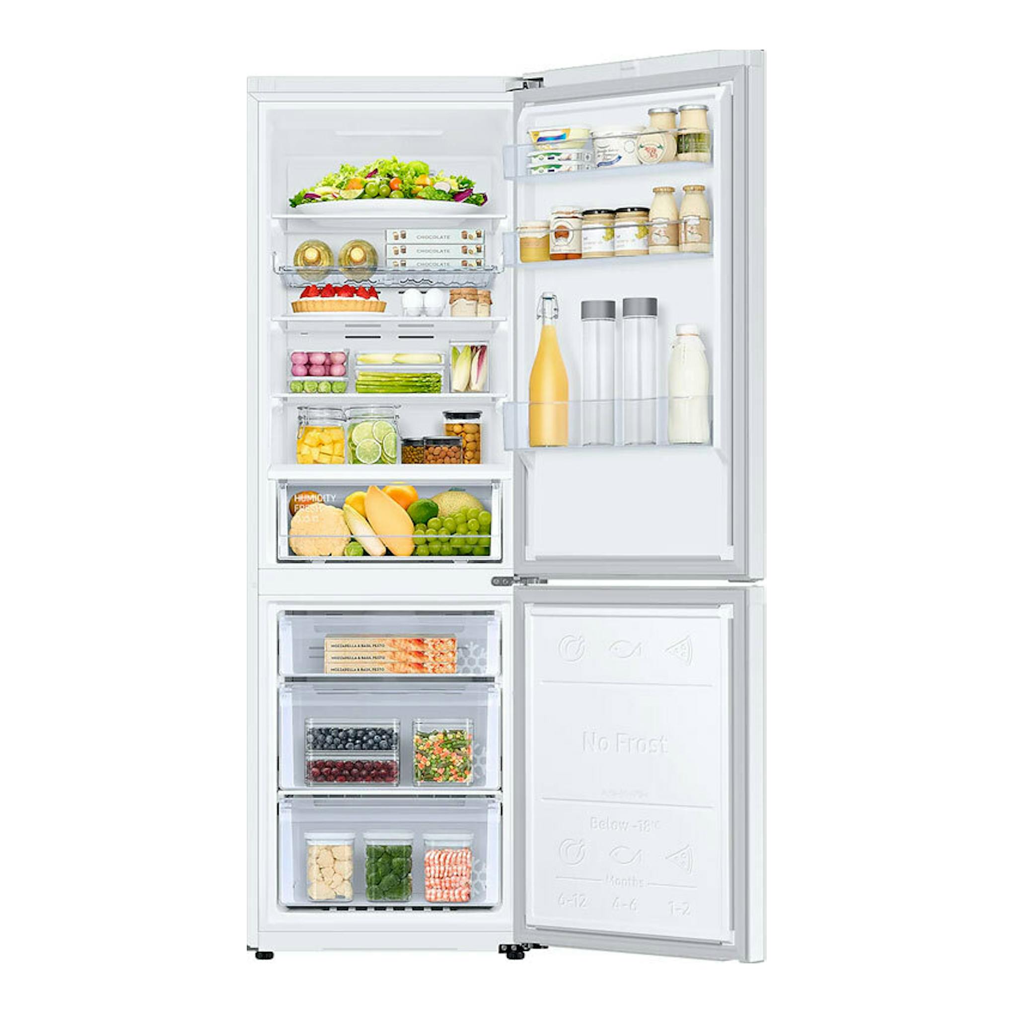 Frigorífico combi Samsung RB34C672EWW/EF blanco, vista frontal con puertas abiertas y compartimentos visibles.