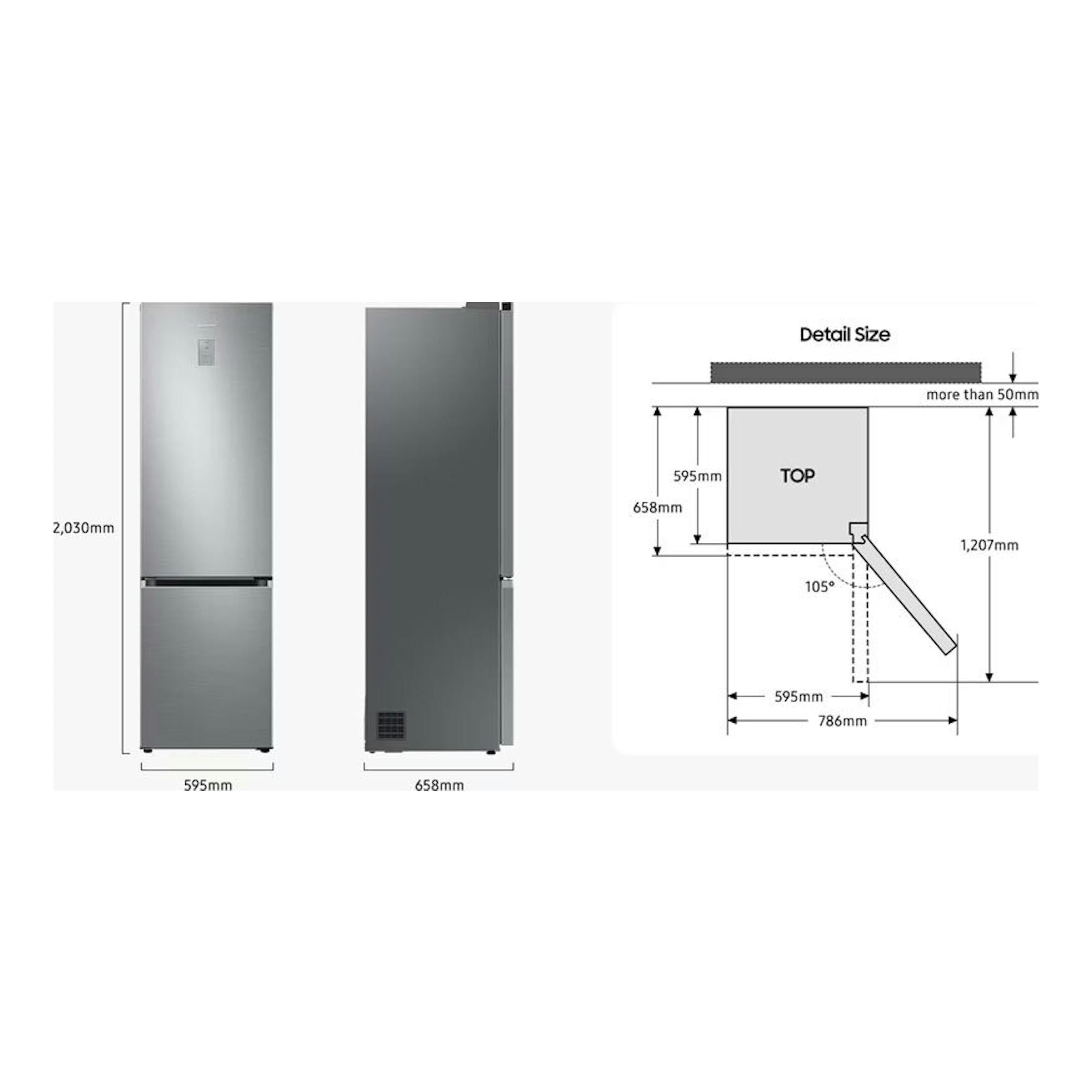 Frigorífico combi Samsung RB38C705CWW/EF en gris, vista frontal y lateral con esquema de dimensiones.