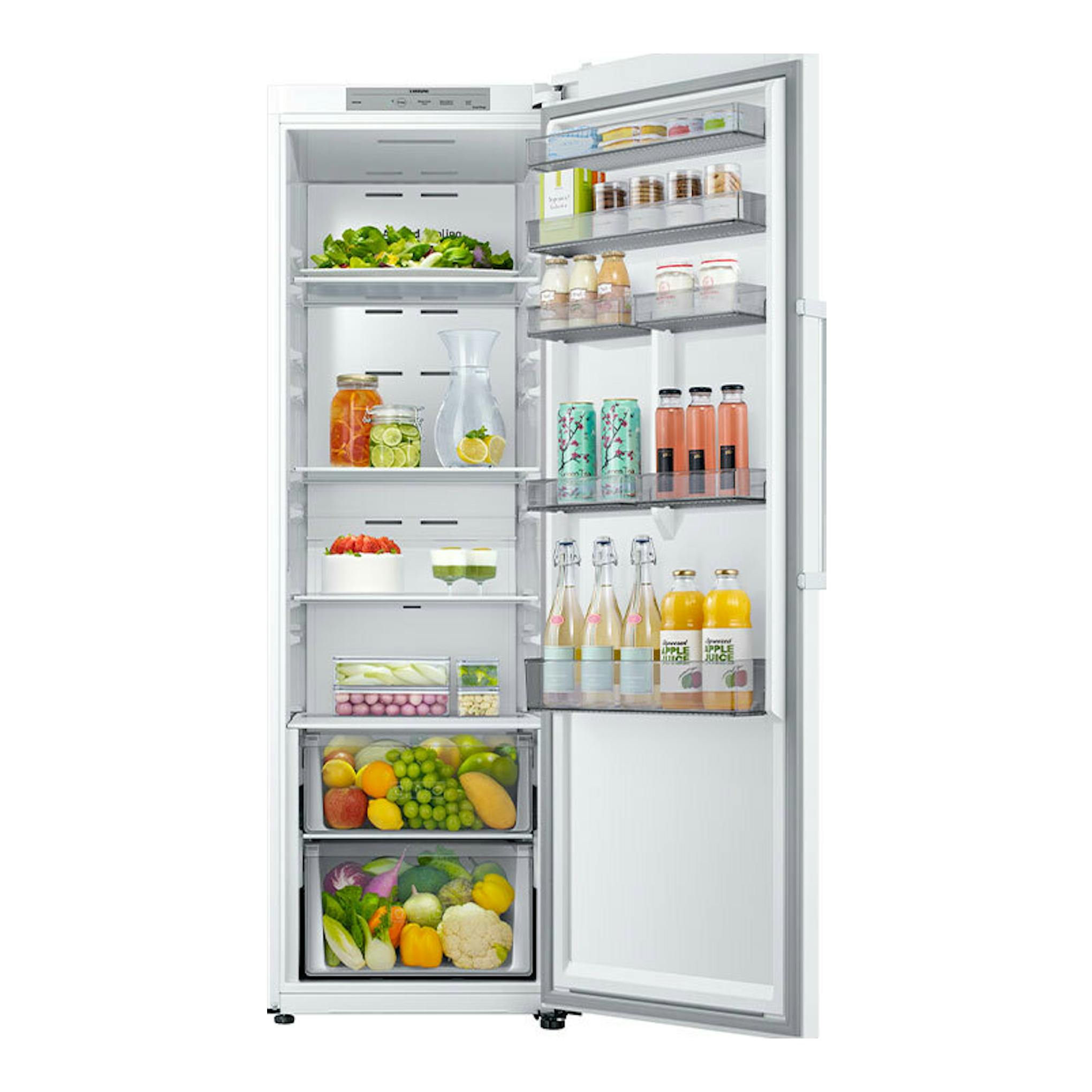 Frigorífico Samsung RR39C7AF5WW/EF blanco, vista frontal con la puerta abierta y el interior visible.