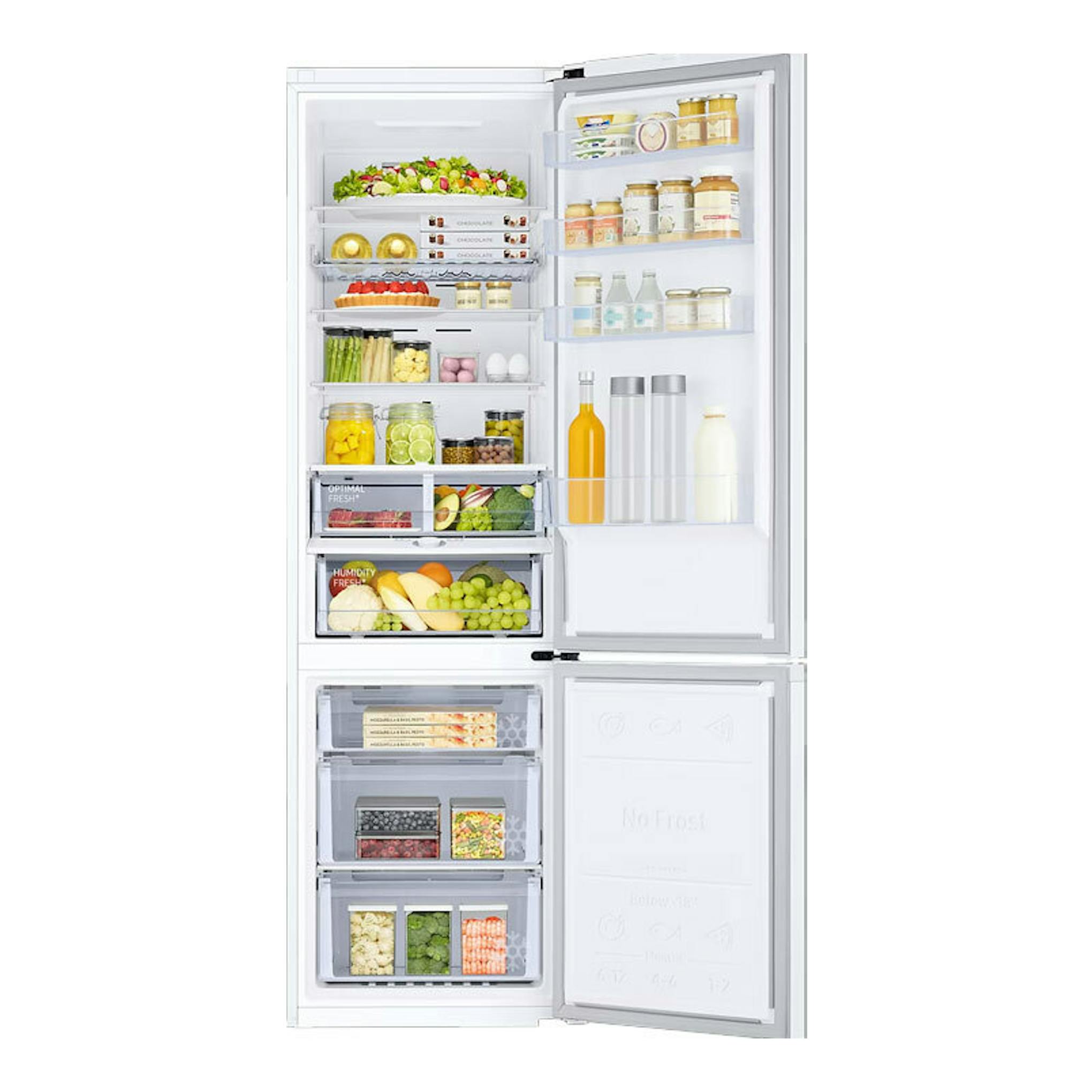 Frigorífico combi Samsung RB38C605DWW/EF blanco, vista frontal abierto con interior lleno de alimentos.