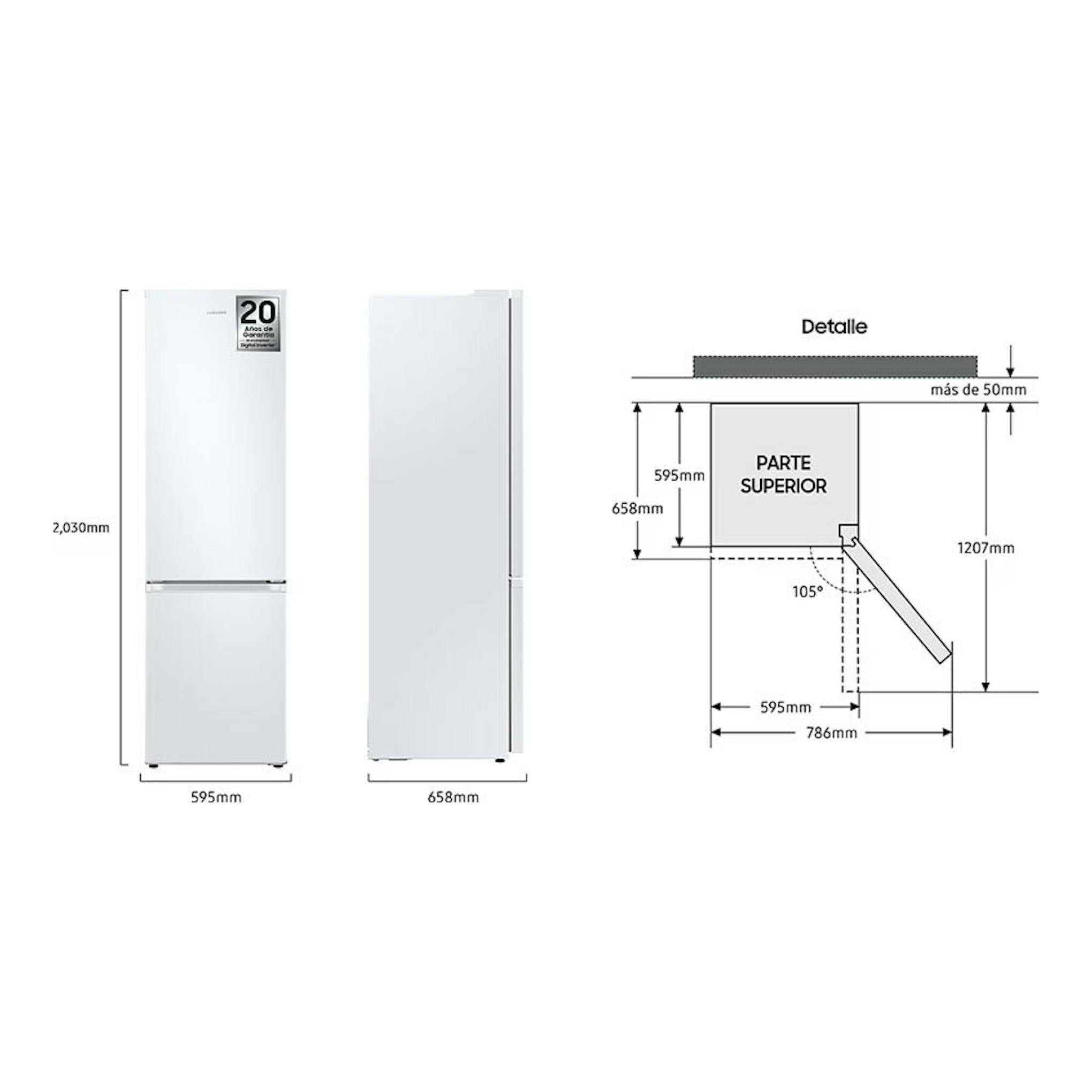Samsung RB38C605CWW/EF, frigorífico combi blanco en vista frontal y lateral con esquema de medidas.
