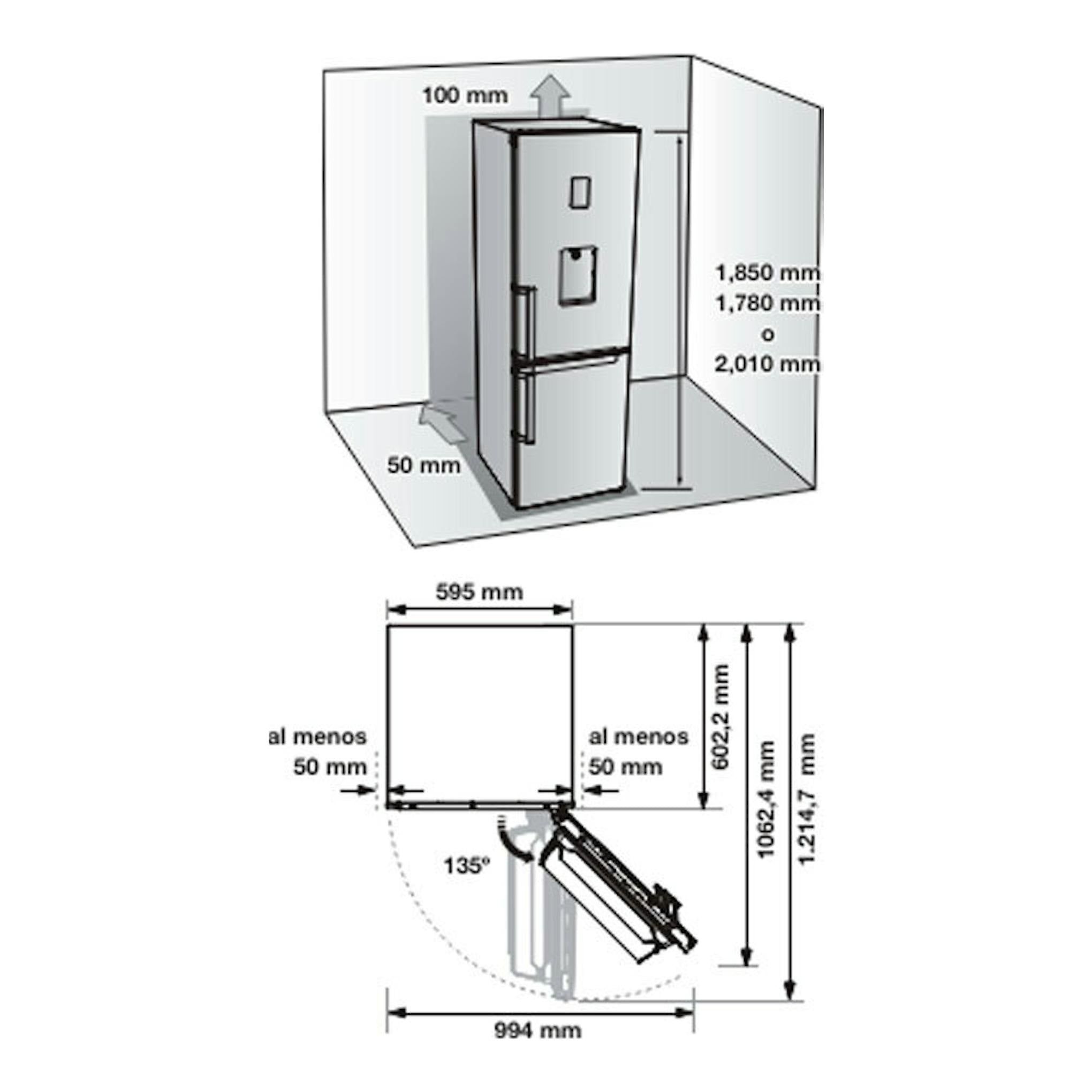 Esquema técnico del frigorífico combi Samsung RB33J3515WW/EF blanco con medidas de instalación y apertura de puerta.