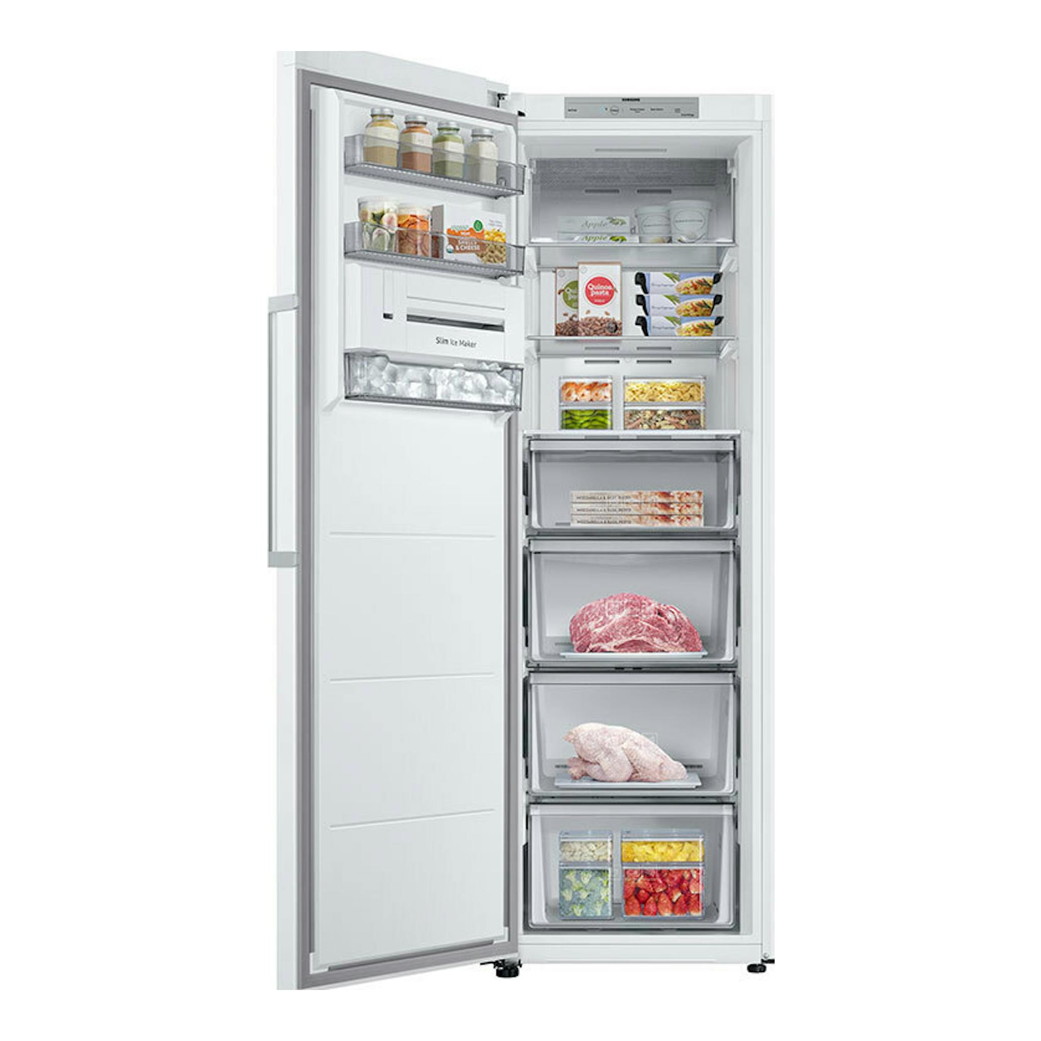 Congelador Samsung RZ32C7ADEWW/EF blanco, vista frontal con la puerta abierta y cajones interiores visibles.