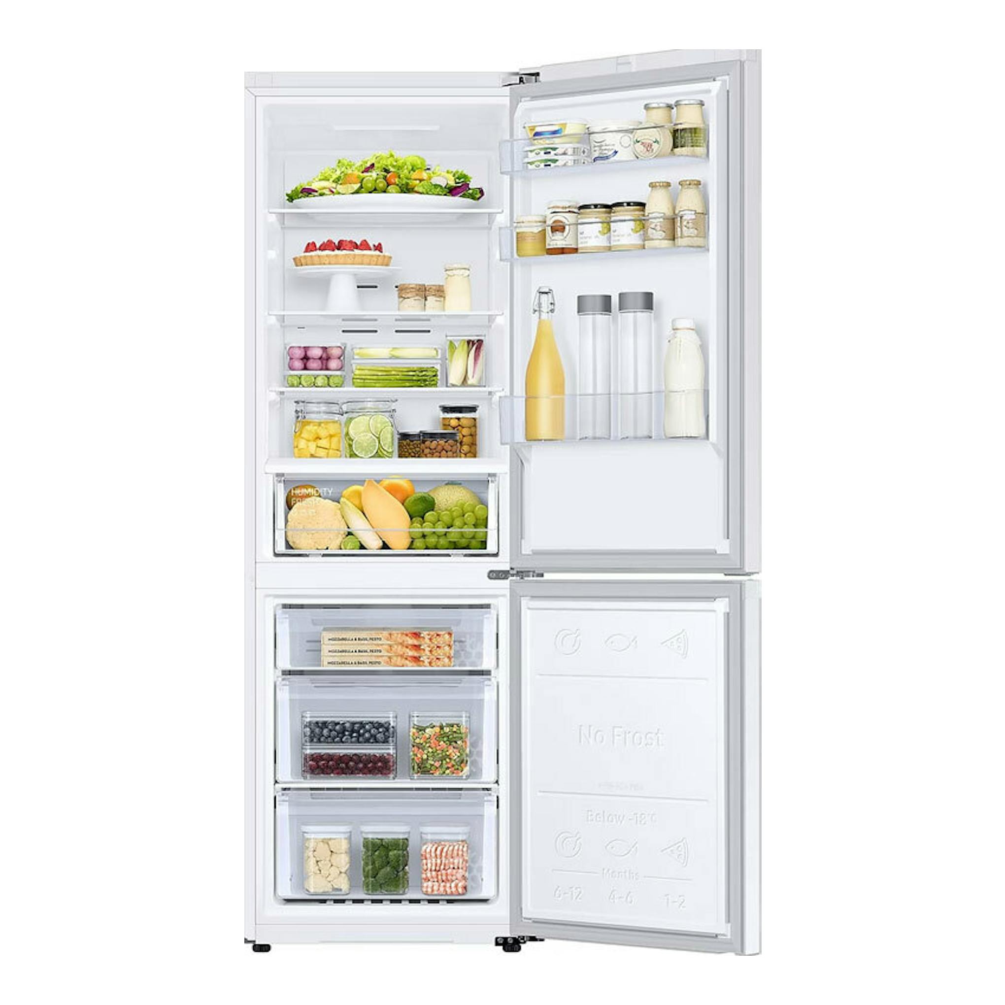Frigorífico combi Samsung RB34C600DWW/EF blanco, vista frontal con puertas abiertas y compartimentos interiores.