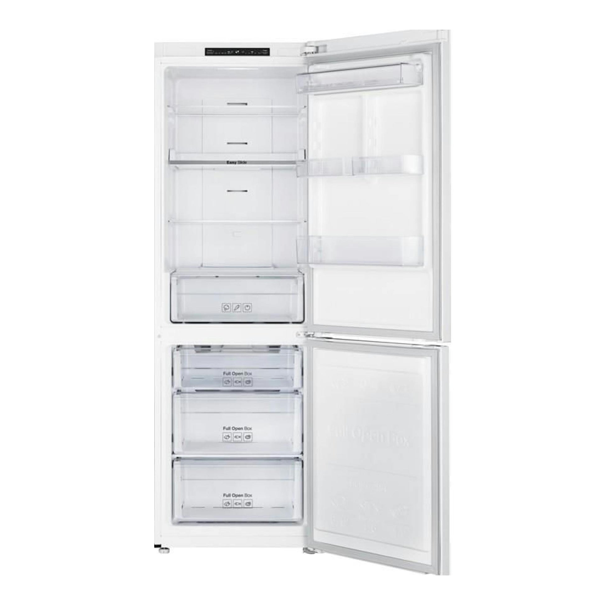 Frigorífico combi Samsung RB33J3000WW/EF blanco, vista frontal con puertas abiertas.