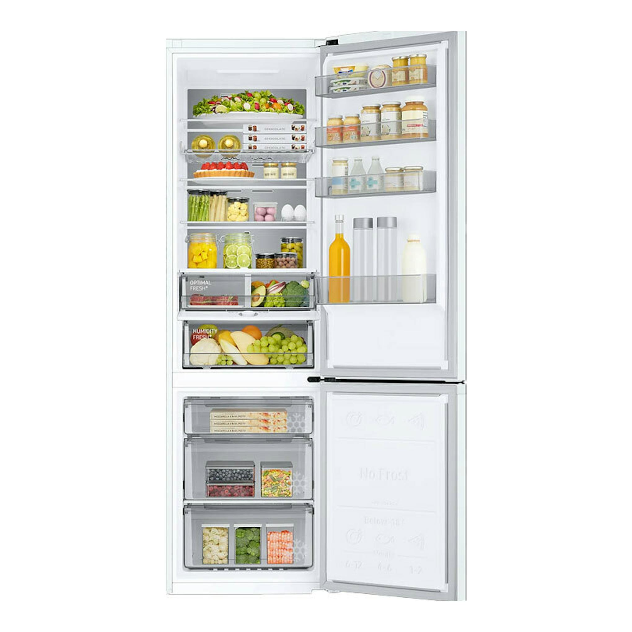Frigorífico combi Samsung RB38C705CWW/EF blanco, vista frontal con puertas abiertas y estantes visibles.