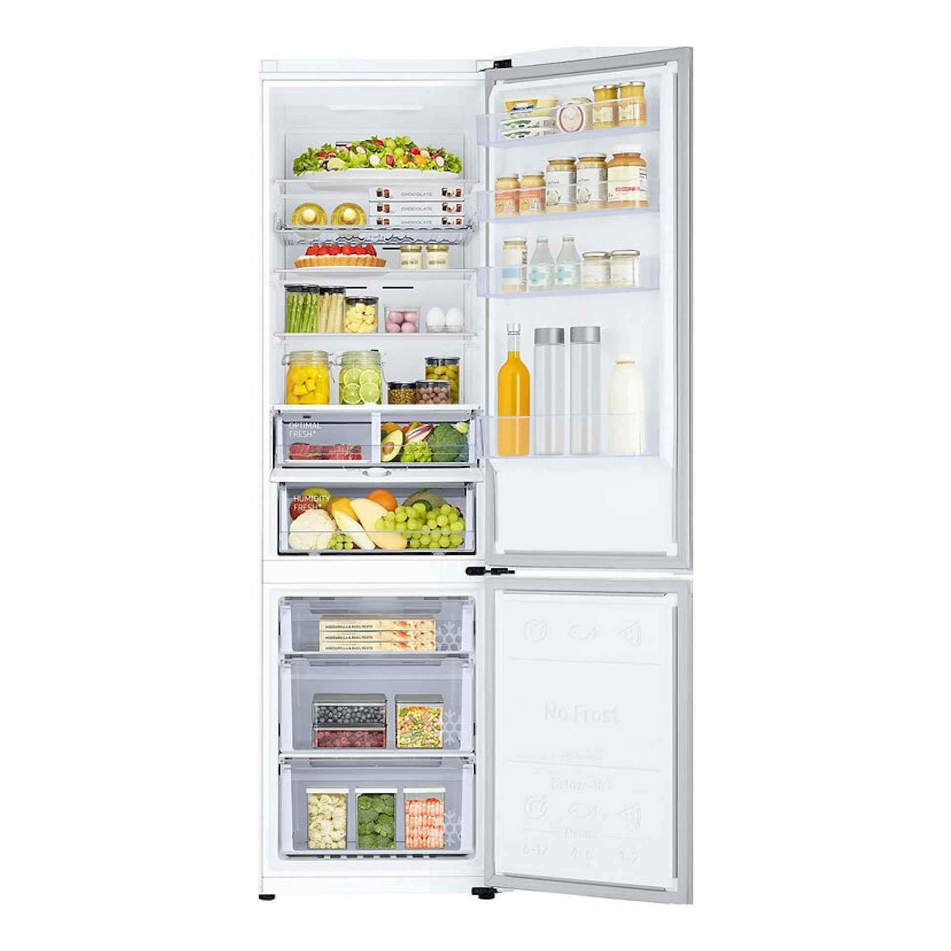 Frigorífico combi Samsung RB38C605CWW/EF blanco, vista frontal con puertas abiertas e interior visible.