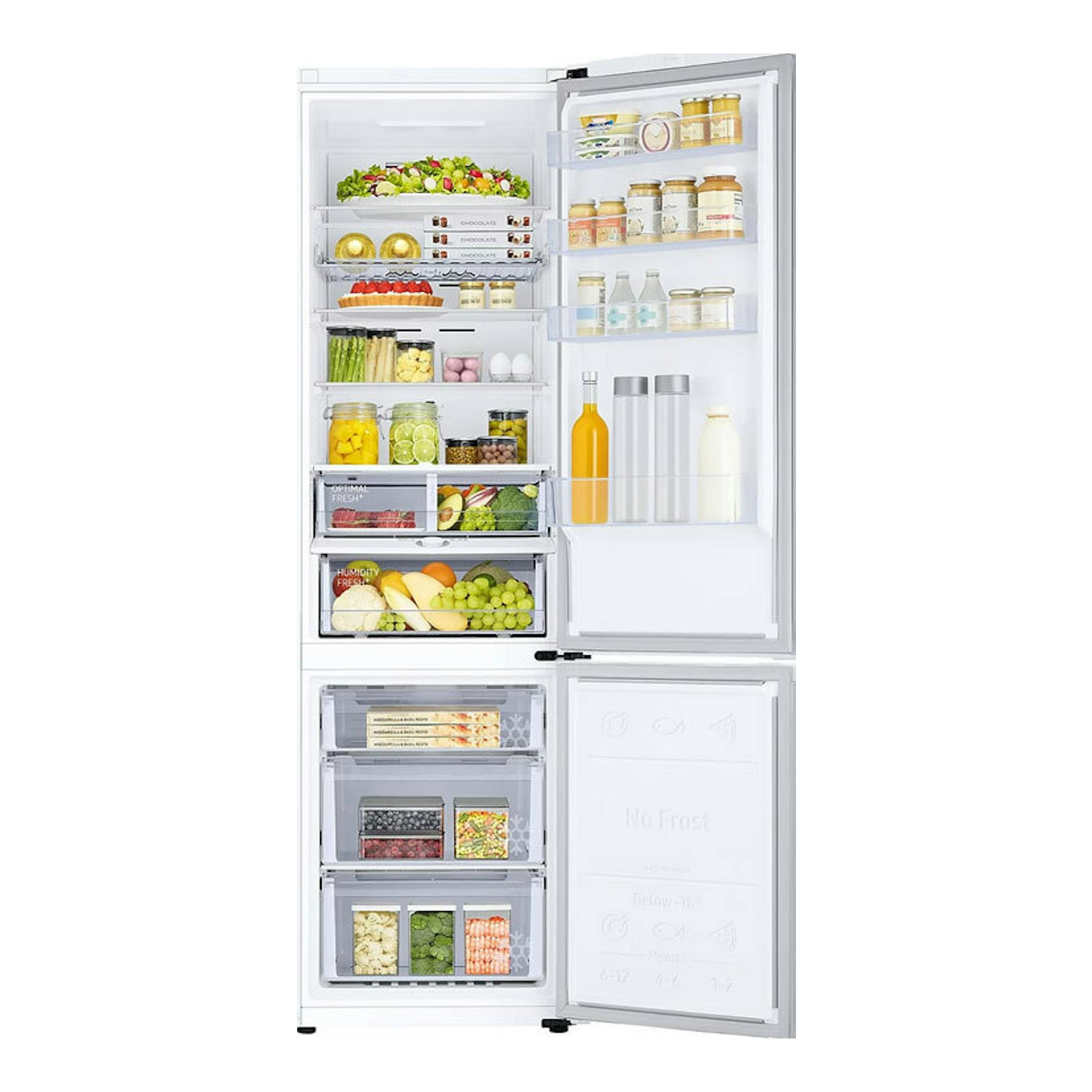 Frigorífico combi Samsung RB38C605CWW/EF blanco, vista frontal con puertas abiertas e interior visible.