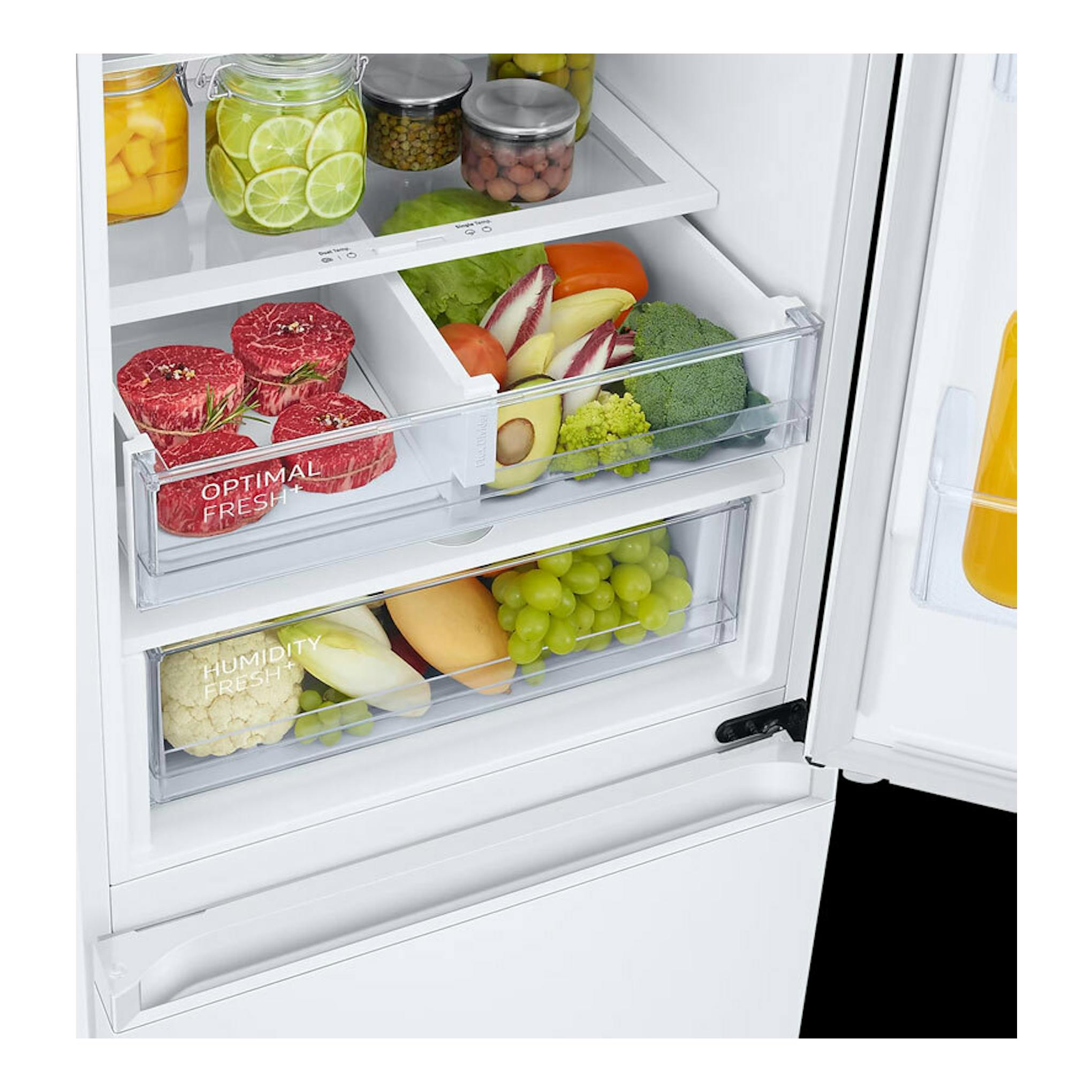 Frigorífico combi Samsung RB38C605DWW/EF blanco, vista interior con cajones de carne, frutas y verduras.