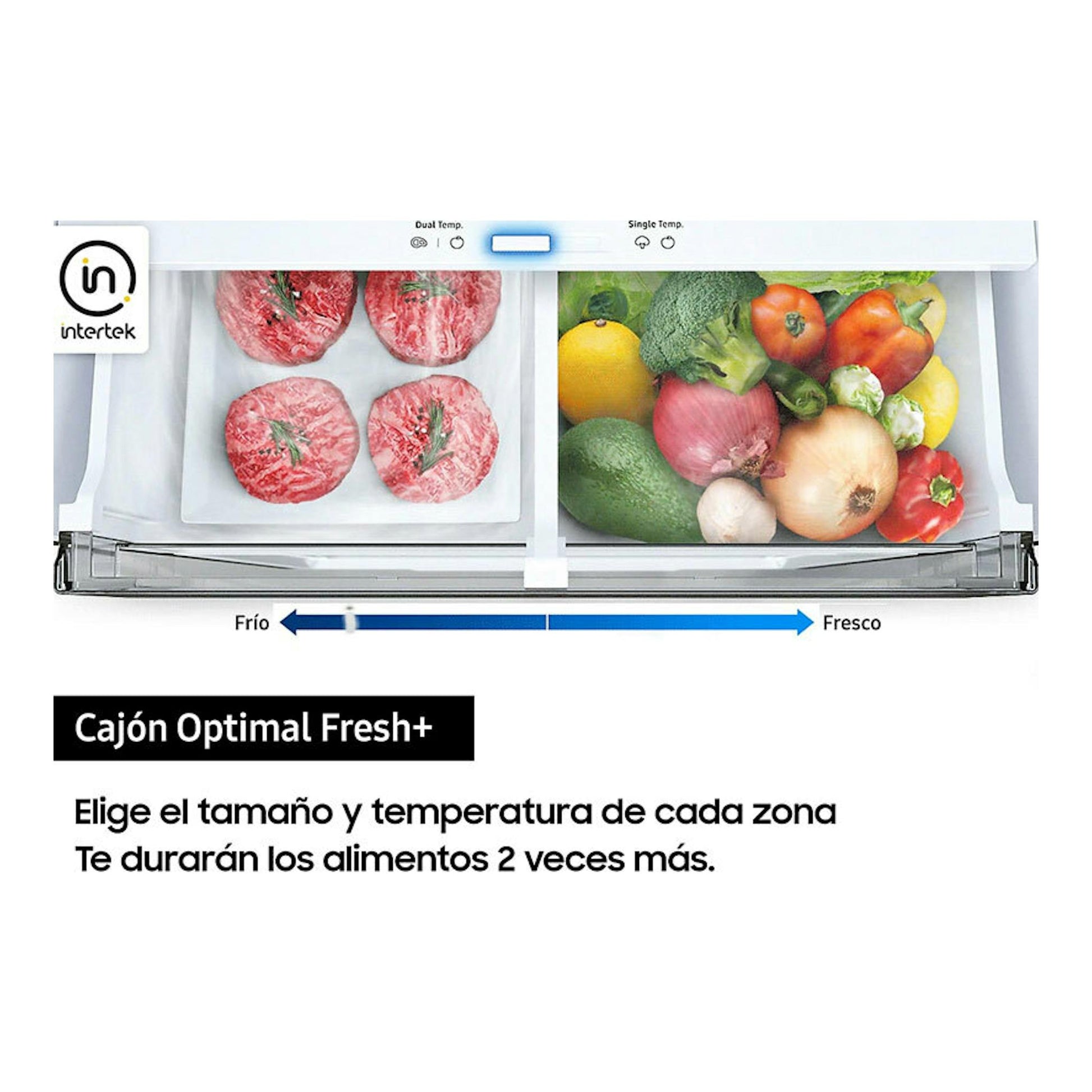 Samsung RB38C605CWW/EF: cajón Optimal Fresh+ con carnes y verduras, vista frontal, selector Frío-Fresco.