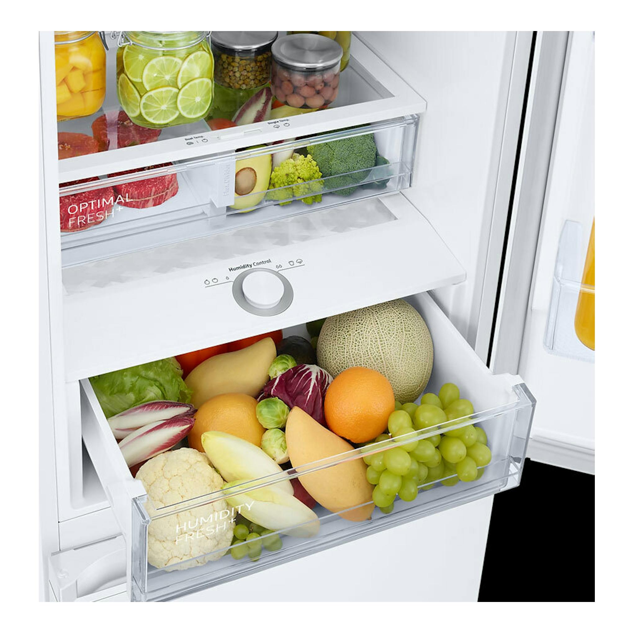 Frigorífico combi Samsung RB38C605DWW/EF blanco, vista frontal del interior con cajones de frutas y verduras.