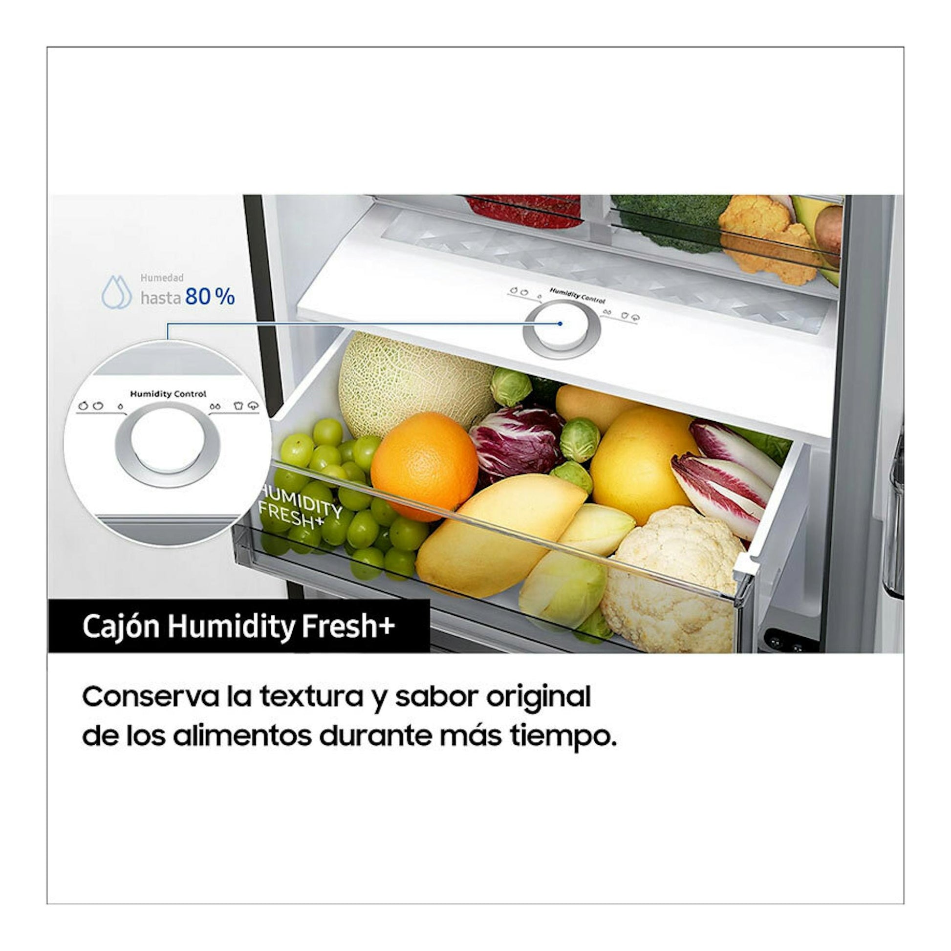 Samsung RB38C605CWW/EF: primer plano del cajón Humidity Fresh+ de un frigorífico combi blanco con frutas y verduras.