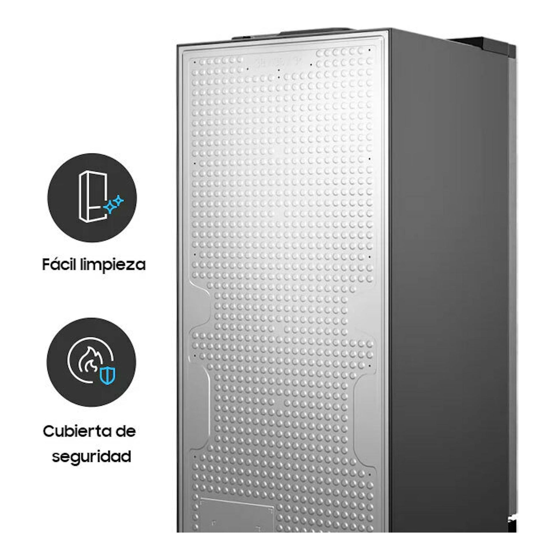 Samsung RB34C600DWW/EF blanco, vista trasera lateral del frigorífico combi con panel texturizado.