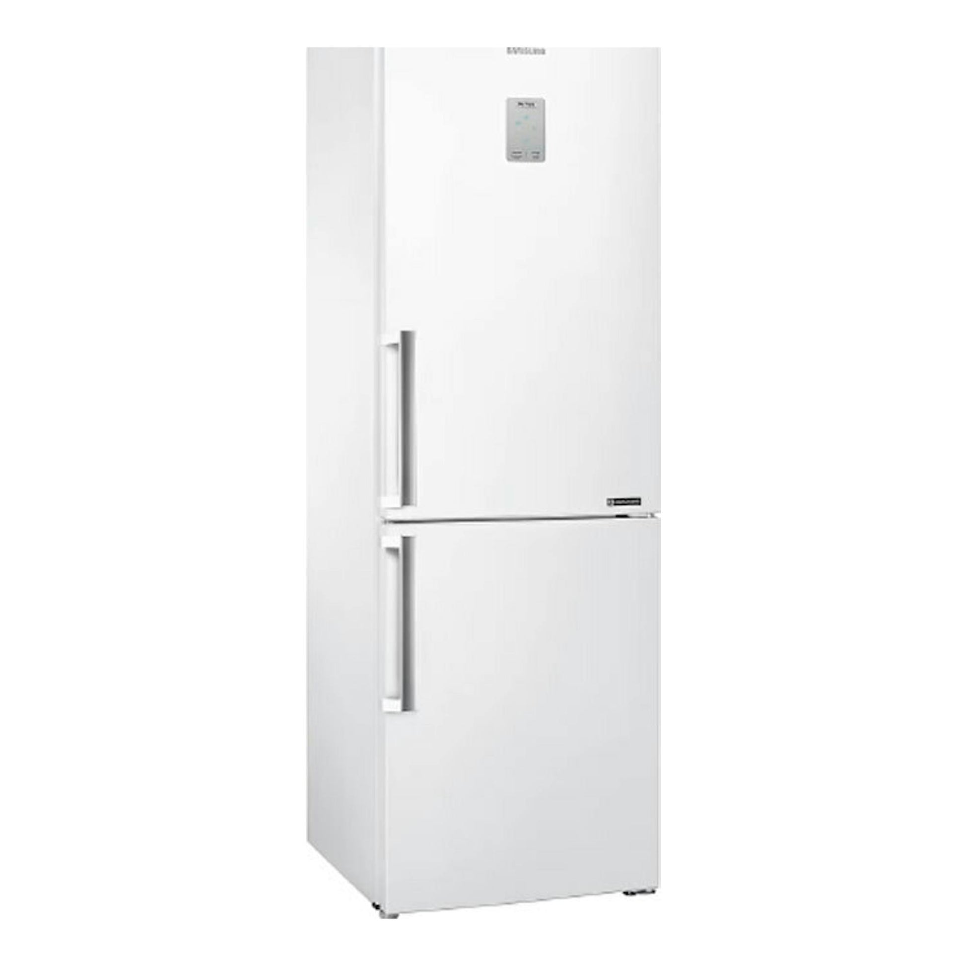 Frigorífico combi Samsung RB33J3515WW/EF blanco, vista frontal en ángulo, con dos puertas y panel en la puerta.