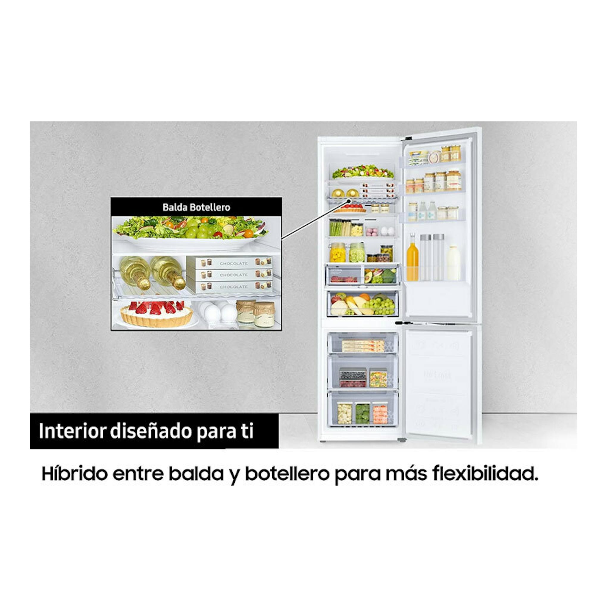 Frigorífico combi Samsung RB38C605CWW/EF blanco, vista frontal con puertas abiertas e interior visible.