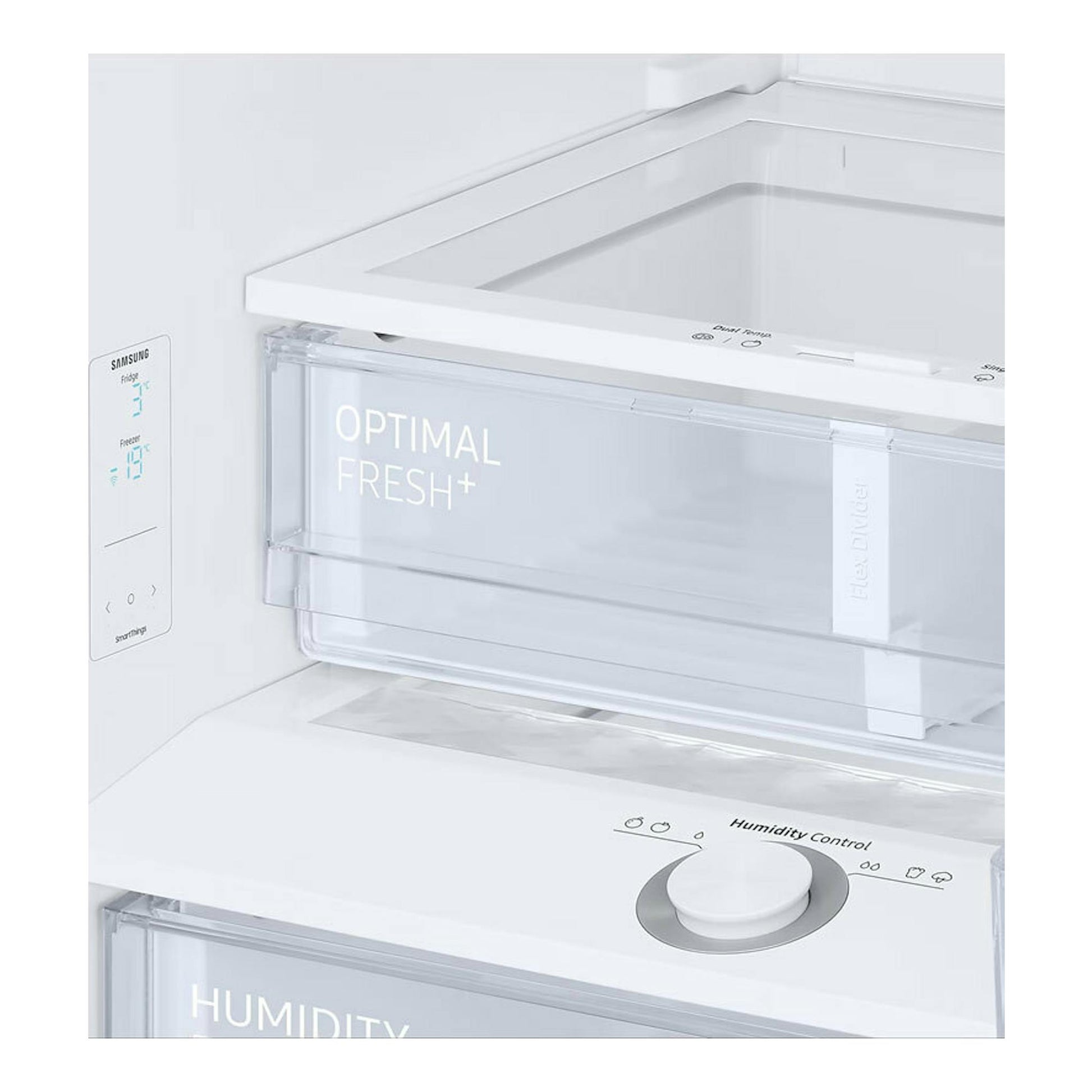 Samsung RB38C605DWW/EF blanco, vista interior en primer plano de cajón Optimal Fresh+ y control de humedad.