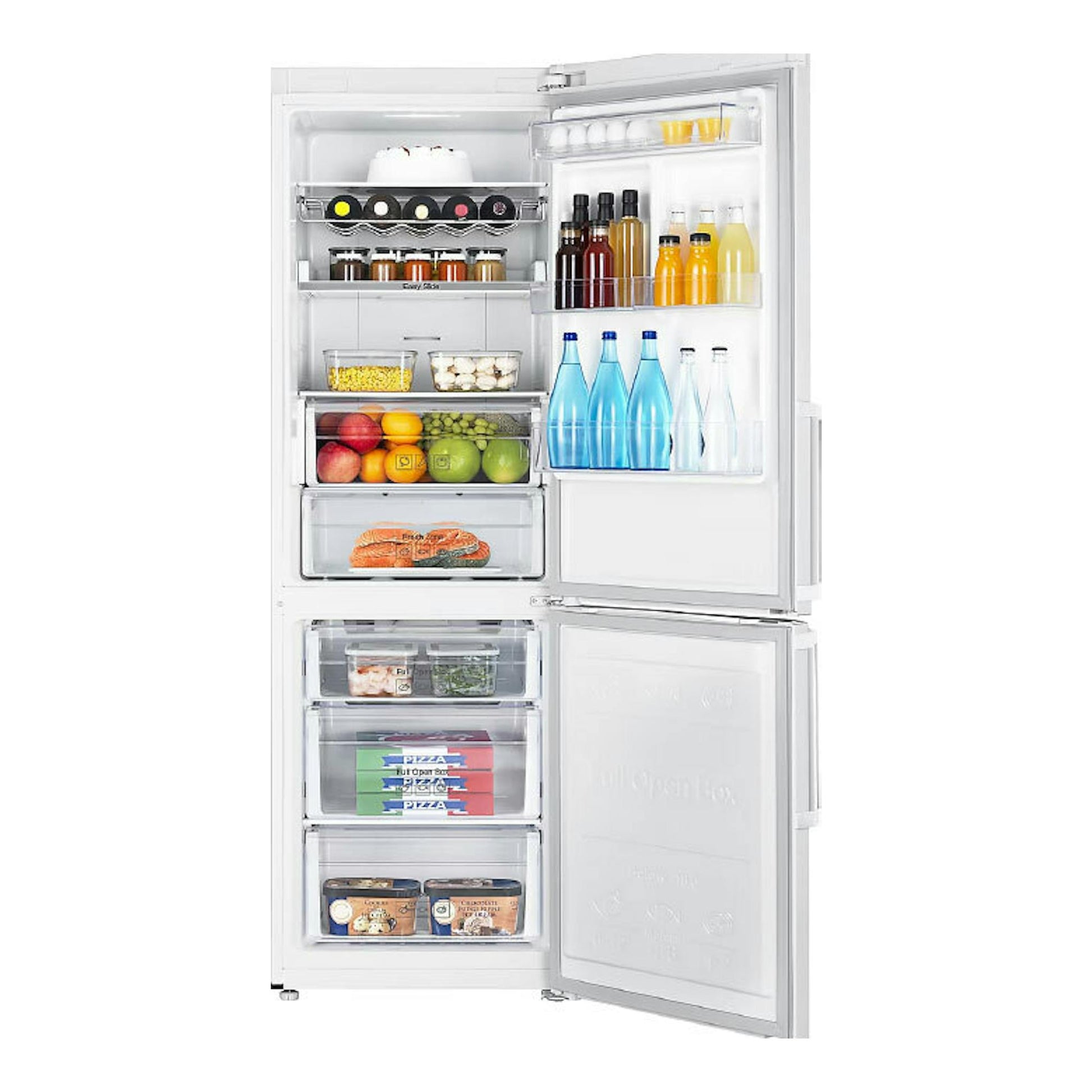 Frigorífico combi Samsung RB33J3515WW/EF blanco, vista frontal, con puertas abiertas y compartimentos visibles.