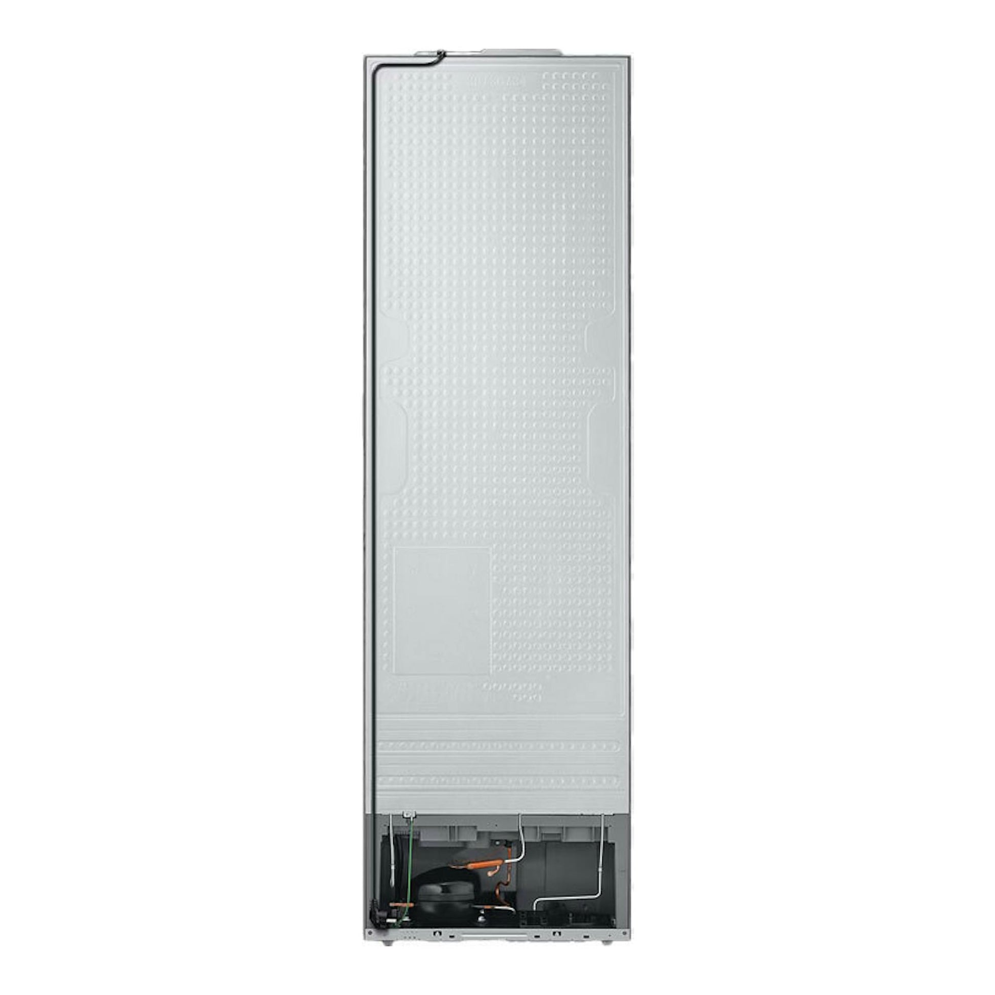 Frigorífico combi Samsung RB38C605DWW/EF blanco, vista trasera vertical con panel posterior y parte inferior abierta.