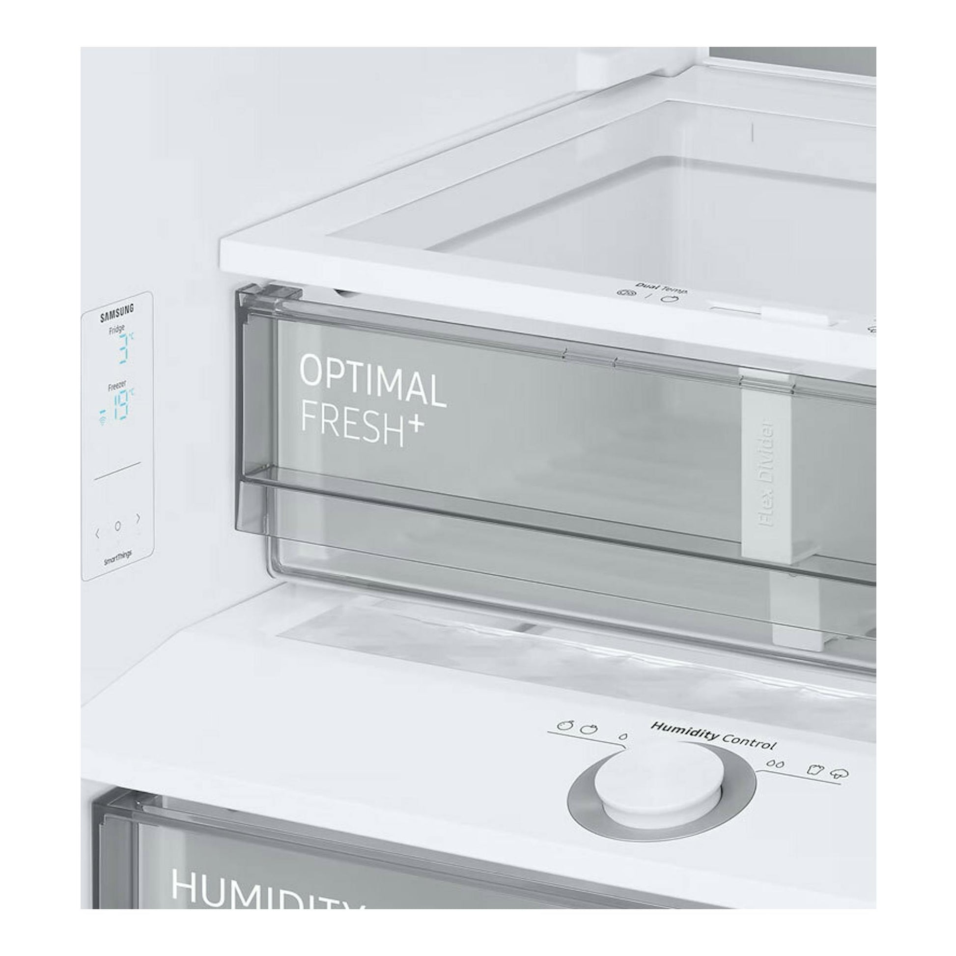 Interior en primer plano de frigorífico combi Samsung RB38C705CWW/EF blanco, con cajones Optimal Fresh+ y Humidity Control.