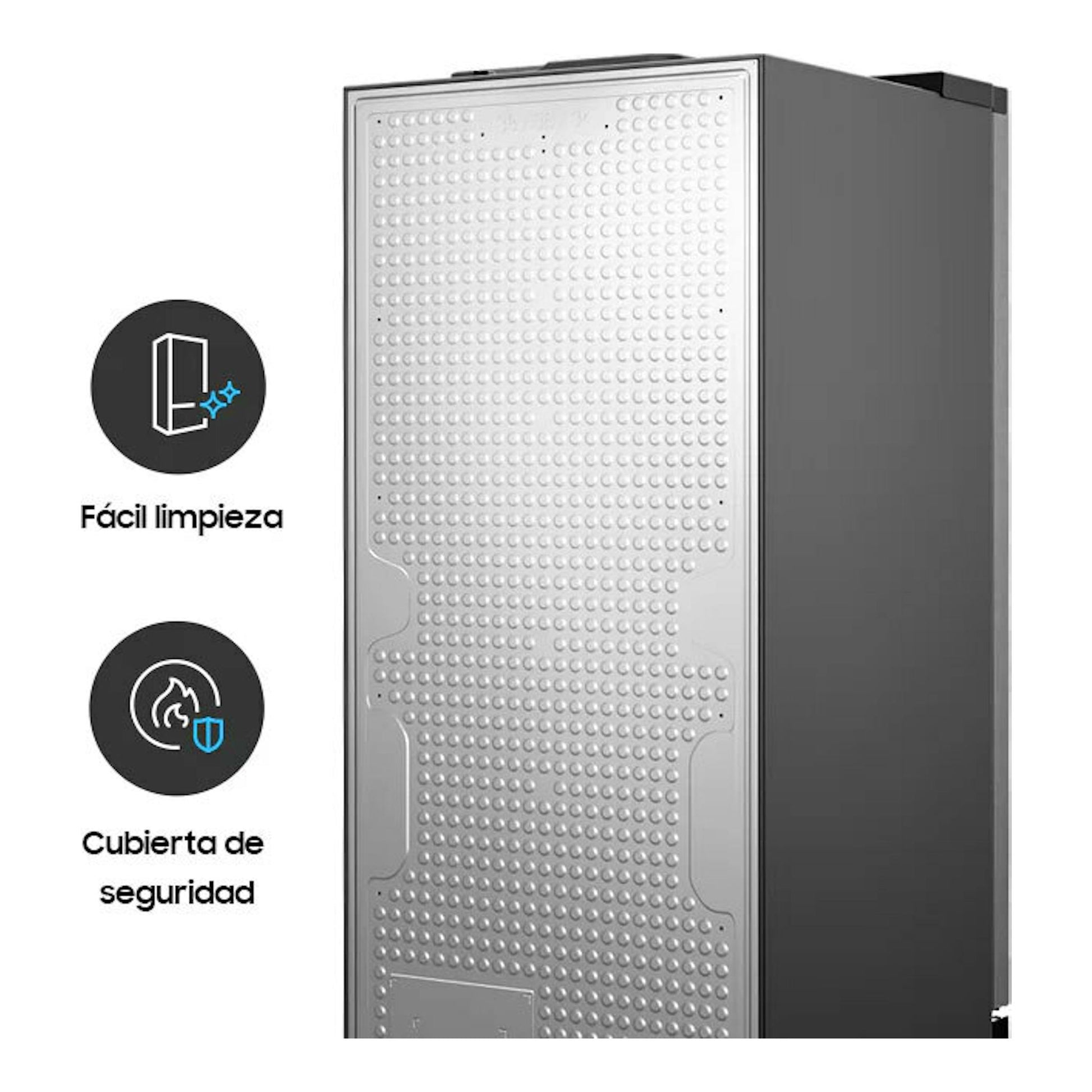 Frigorífico combi Samsung RB38C605CWW/EF blanco, vista lateral frontal, con iconos de fácil limpieza y seguridad.