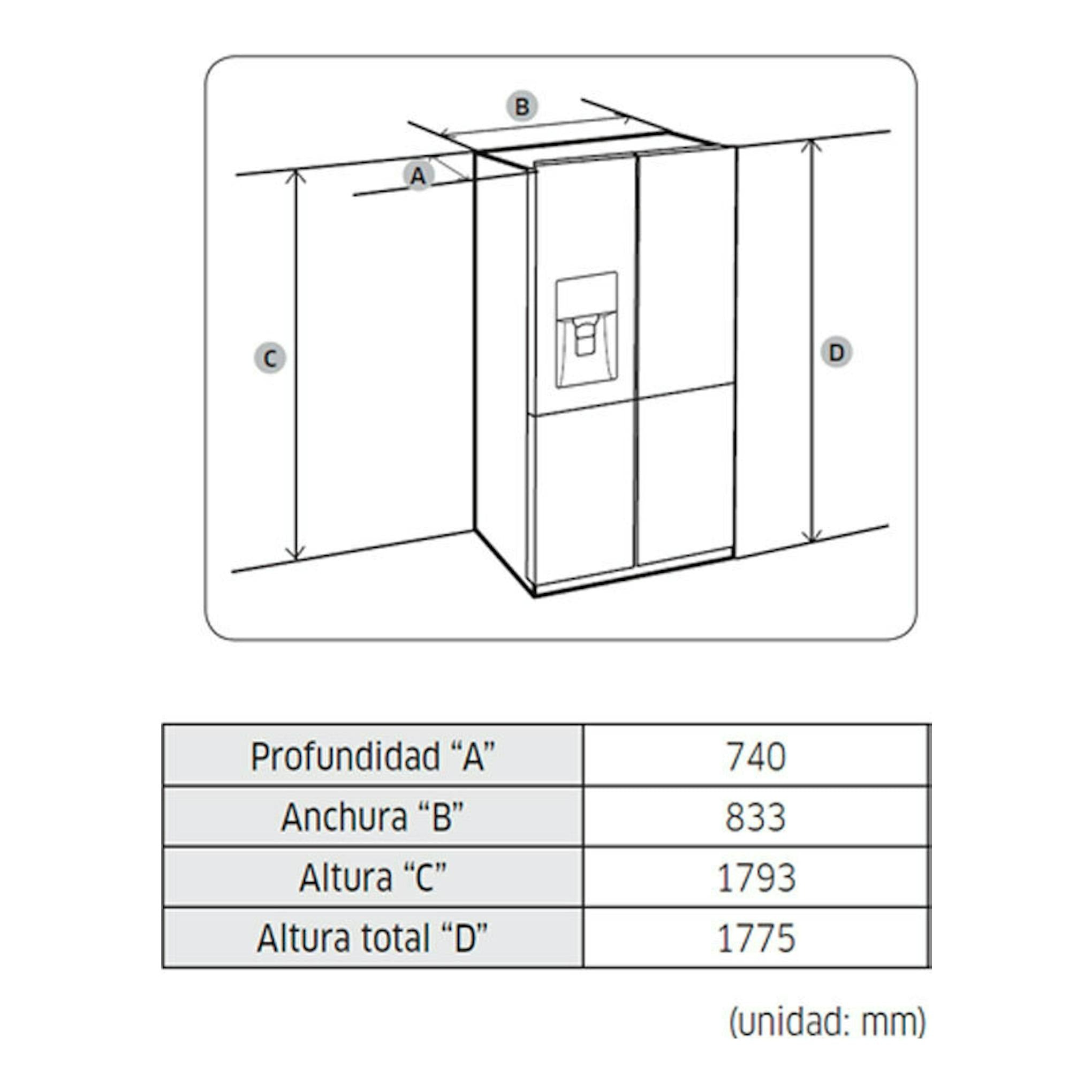 Samsung RF48A400EB4/EF: esquema de medidas de frigorífico americano grafito con vistas frontal y lateral.