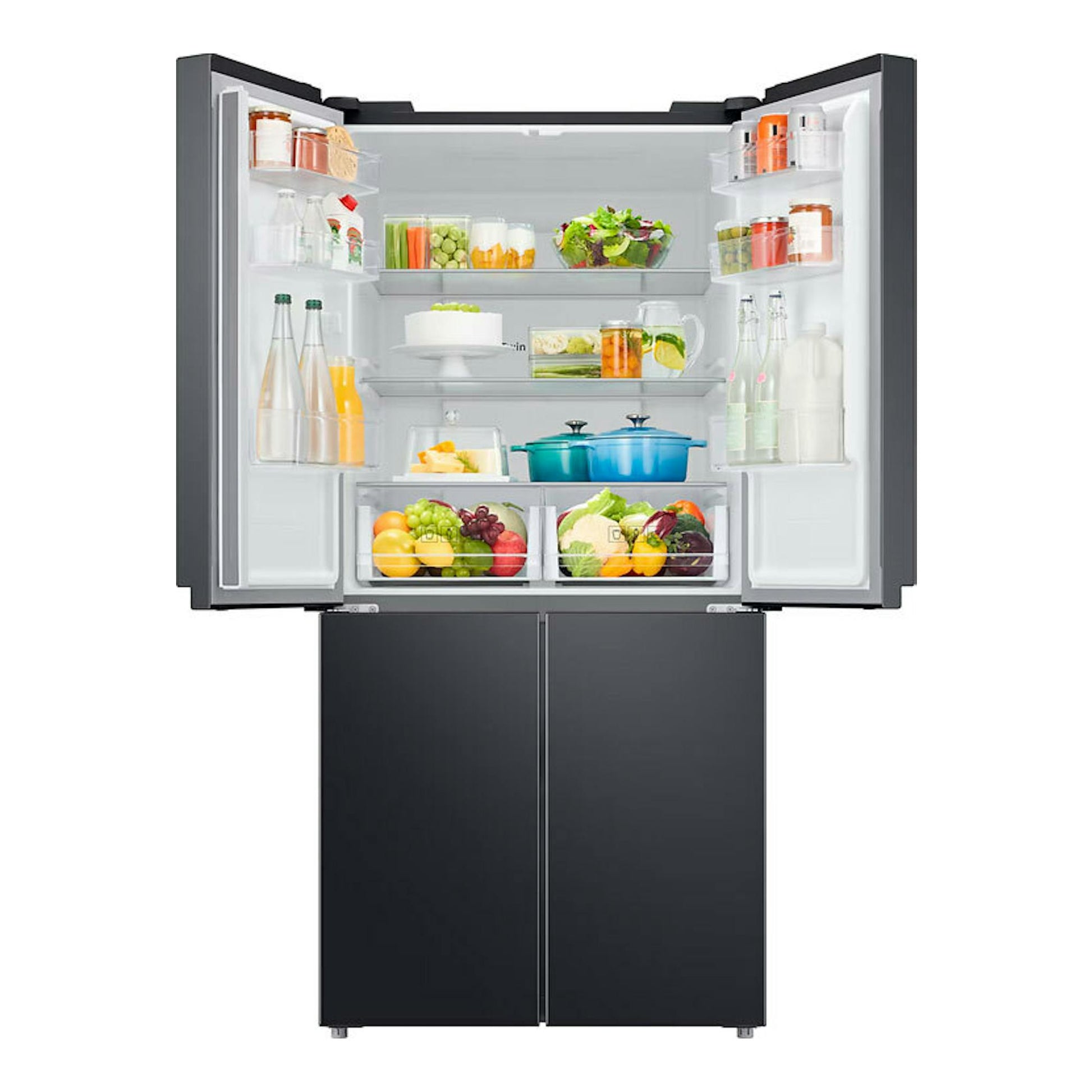 Frigorífico americano Samsung RF48A400EB4/EF grafito, vista frontal con puertas abiertas y interior visible.