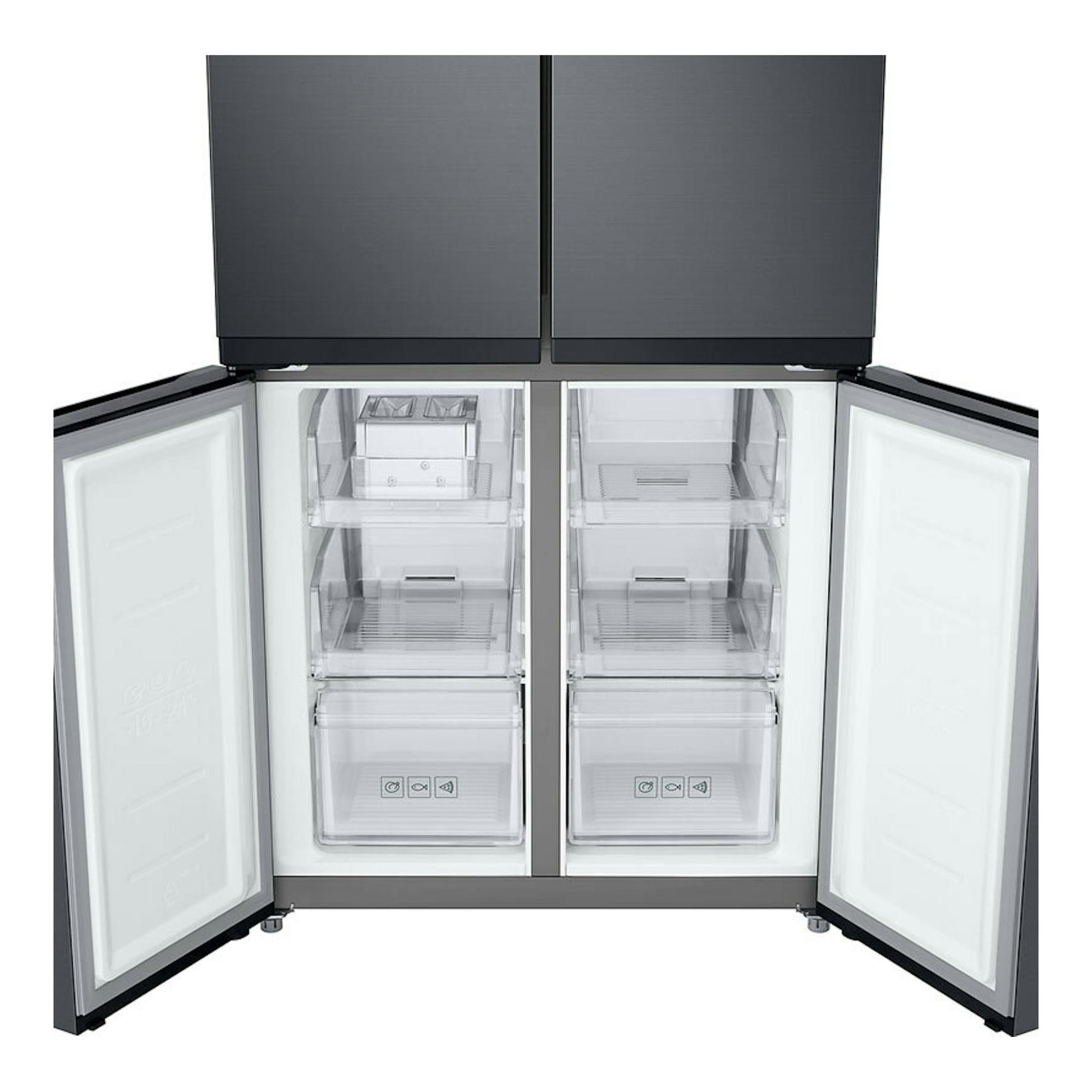 Frigorífico americano Samsung RF48A400EB4/EF grafito, vista frontal abierta con cuatro puertas y cajones.