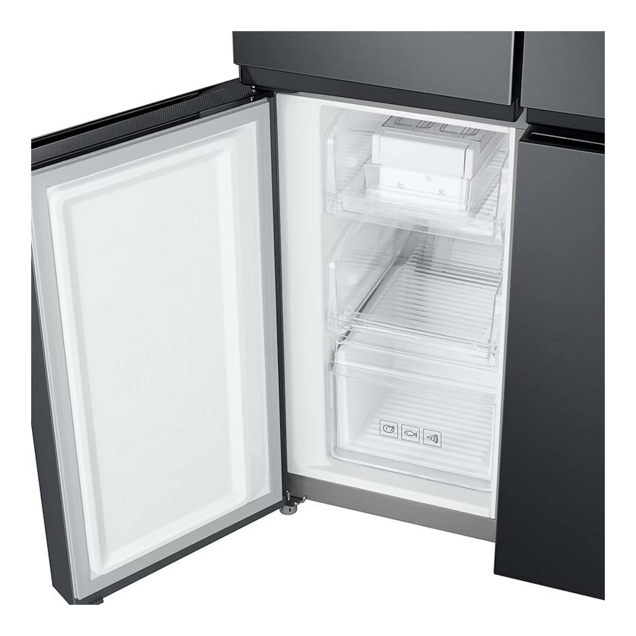 Samsung RF48A400EB4/EF en grafito, con la puerta abierta y cajones interiores visibles en vista frontal.