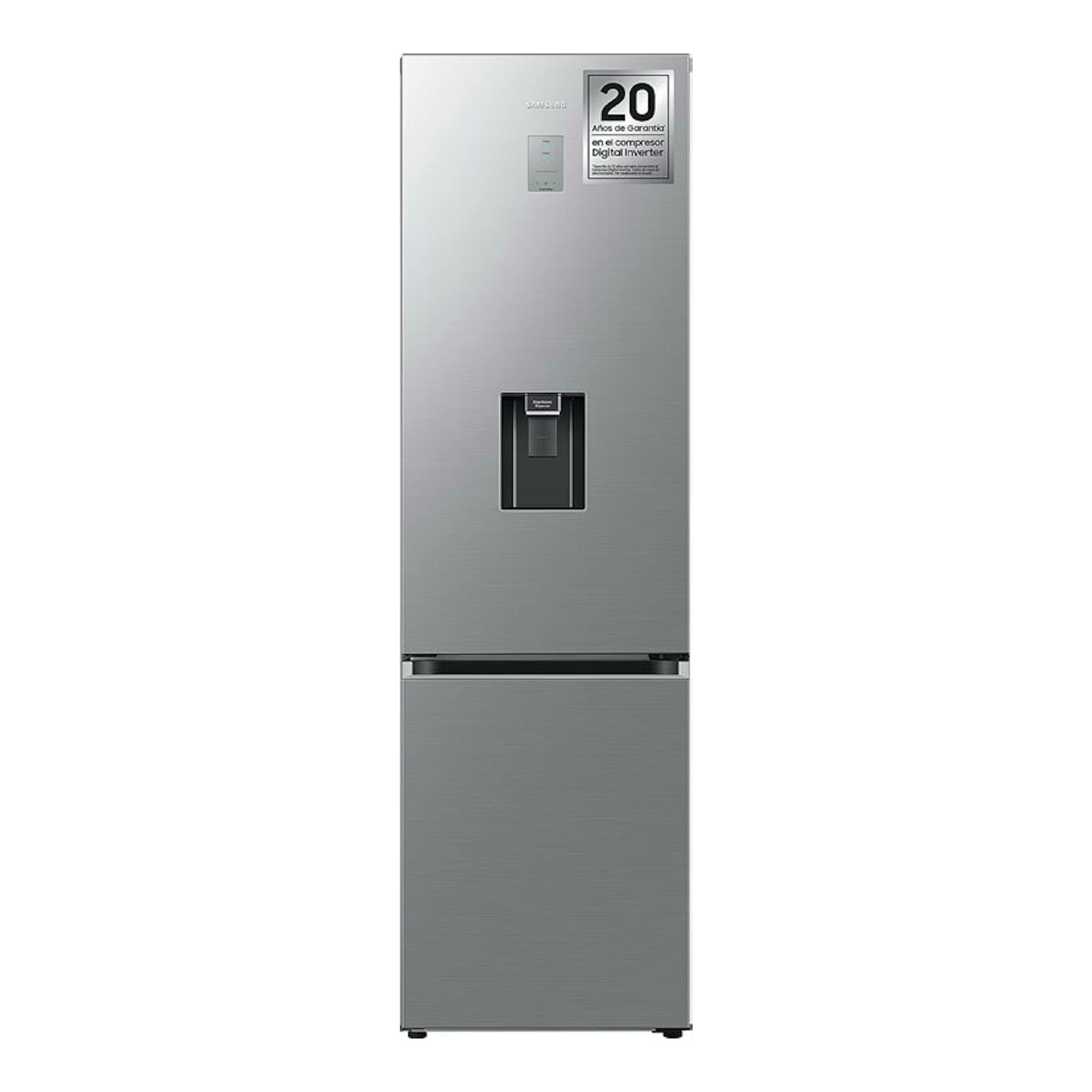 Frigorífico combi Samsung RB38C655DS9/EF inox, vista frontal, con dispensador de agua.