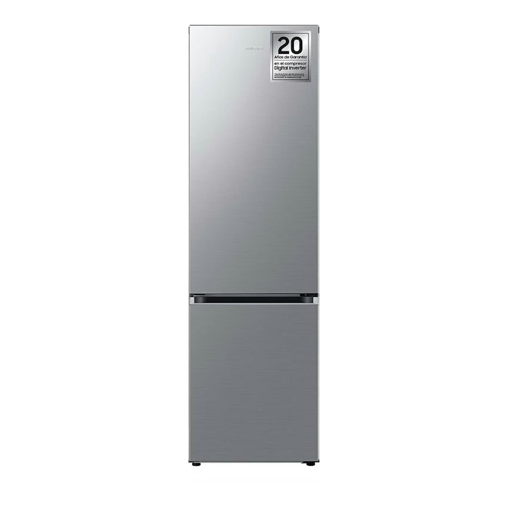 Frigorífico combi Samsung RB38T607BS9/EF inox, vista frontal, con congelador inferior y pegatina de garantía.