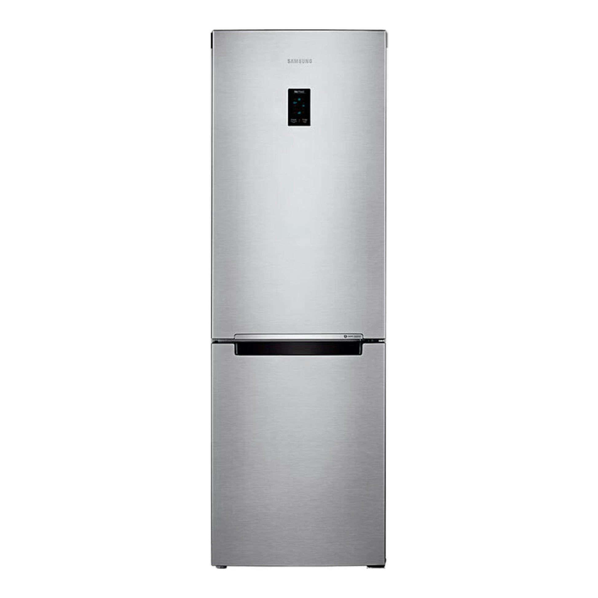 Frigorífico combi Samsung RB33J3205SA/EF inox, vista frontal, con display en la puerta.