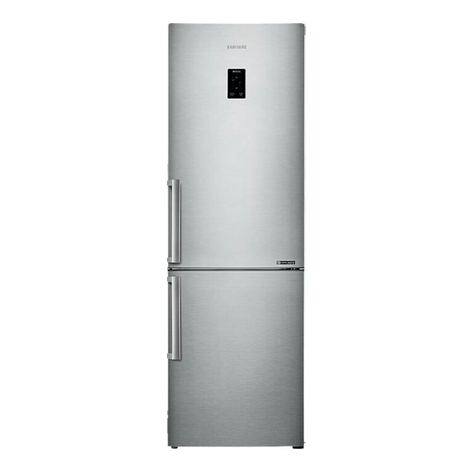 Frigorífico combi Samsung RB33J3315SA/EF en inox, vista frontal con display en la puerta.
