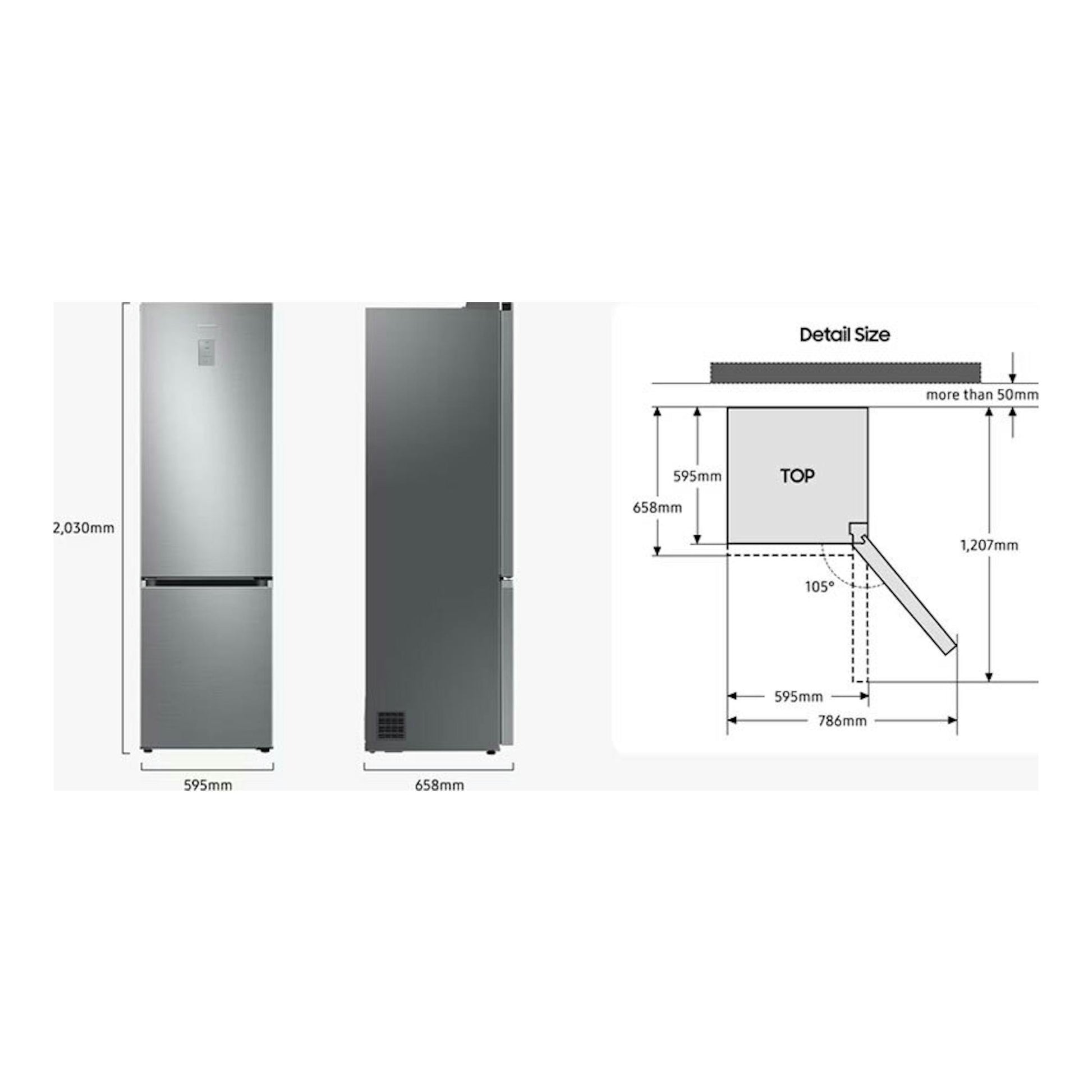 Samsung RB38C655DS9/EF, frigorífico combi inox, vista frontal y lateral con esquema de medidas.