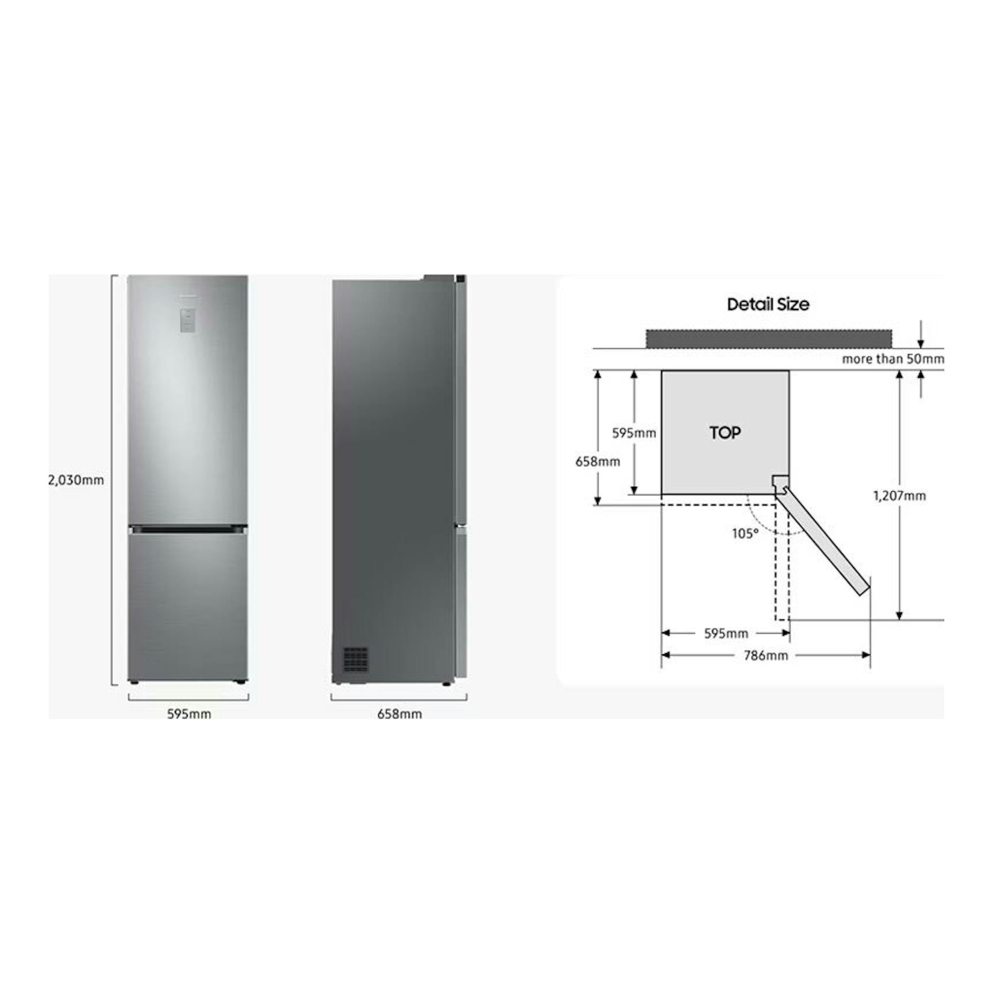 Samsung RB38C655DS9/EF, frigorífico combi inox, vista frontal y lateral con esquema de medidas.