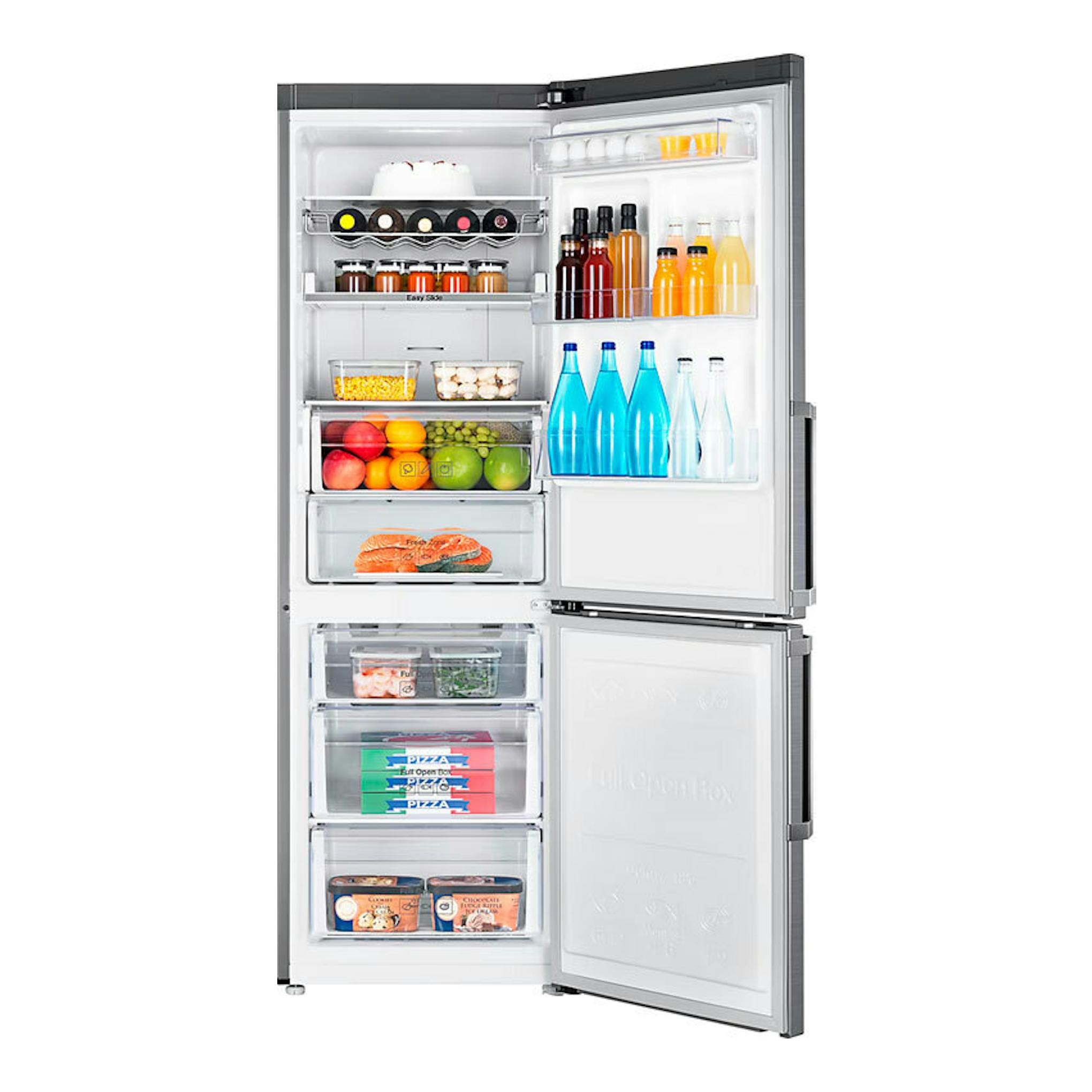 Frigorífico combi Samsung RB33J3515S9/EF inox, vista frontal abierto, con estantes y cajones llenos.