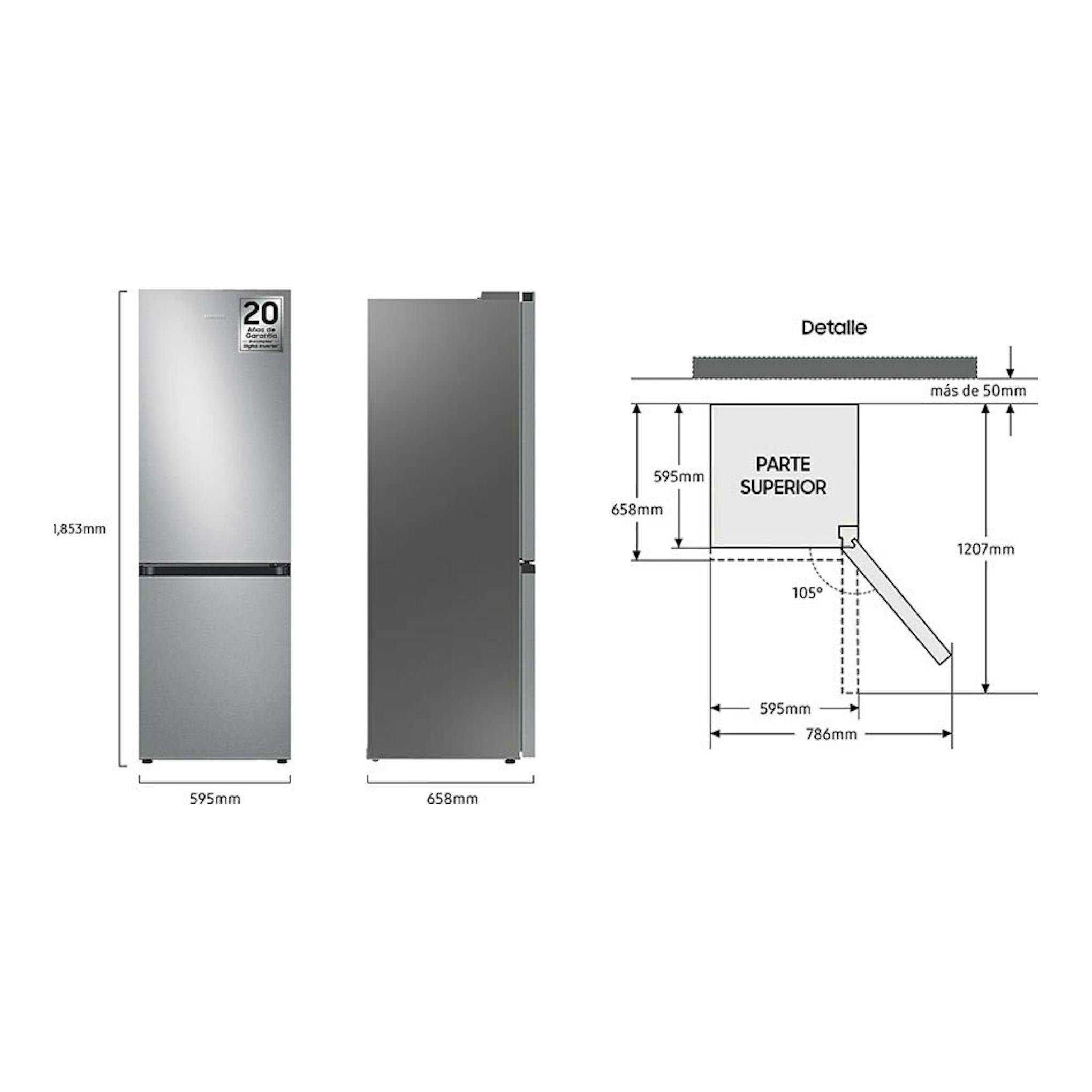 Frigorífico combi Samsung RB34C602DSA/EF inox, vista frontal y lateral con medidas y esquema de apertura.