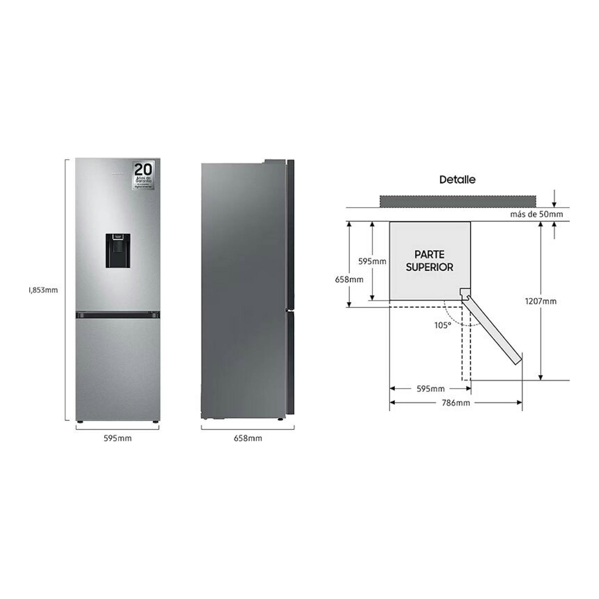 Frigorífico combi Samsung RB34C632DSA/EF inox, vista frontal y lateral con esquema de medidas.