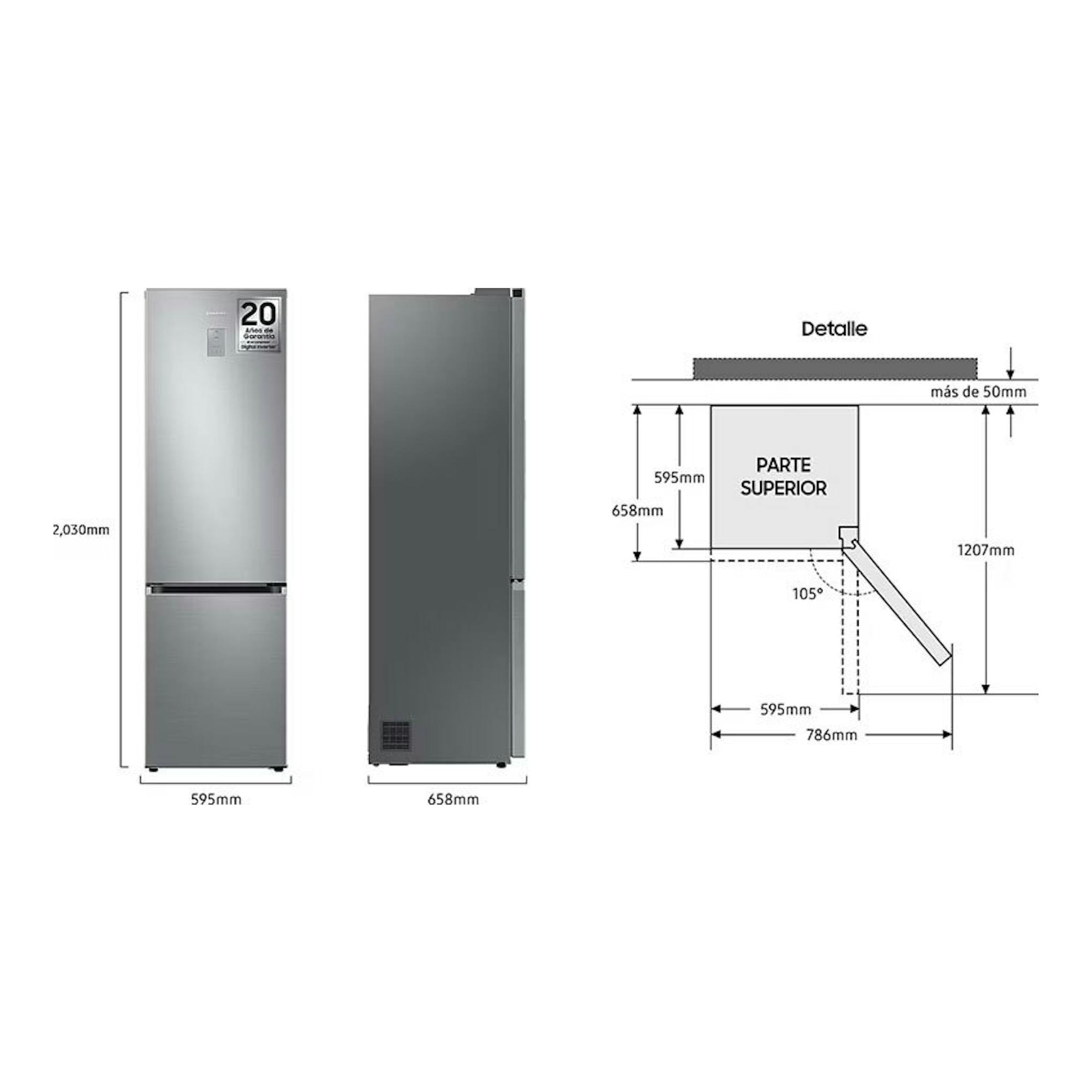Frigorífico combi Samsung RB38C776CS9/EF inox, vista frontal y lateral con medidas y esquema de apertura.