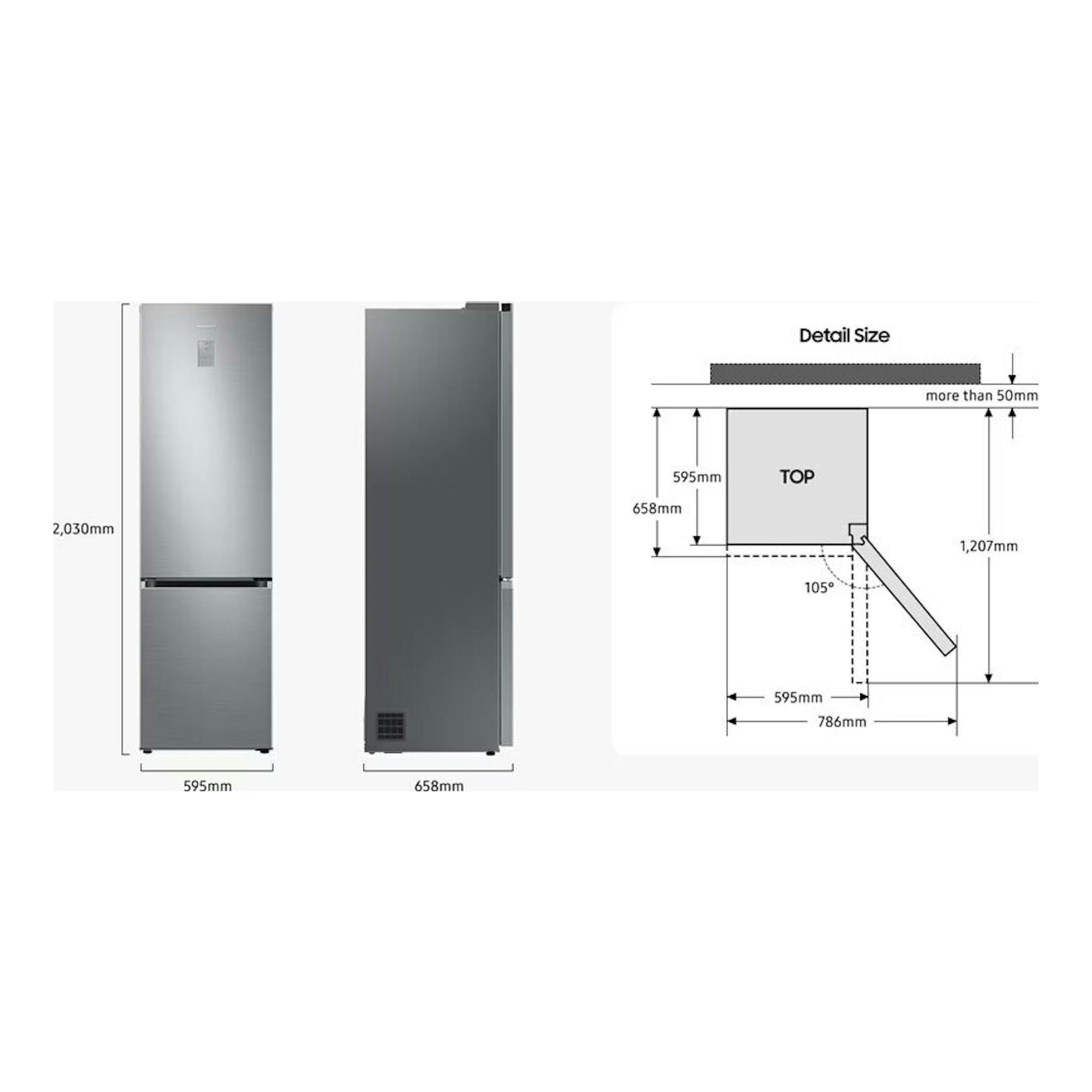 Samsung RB38C603DSA/EF, frigorífico combi inox, vistas frontal y lateral con medidas y esquema de apertura.