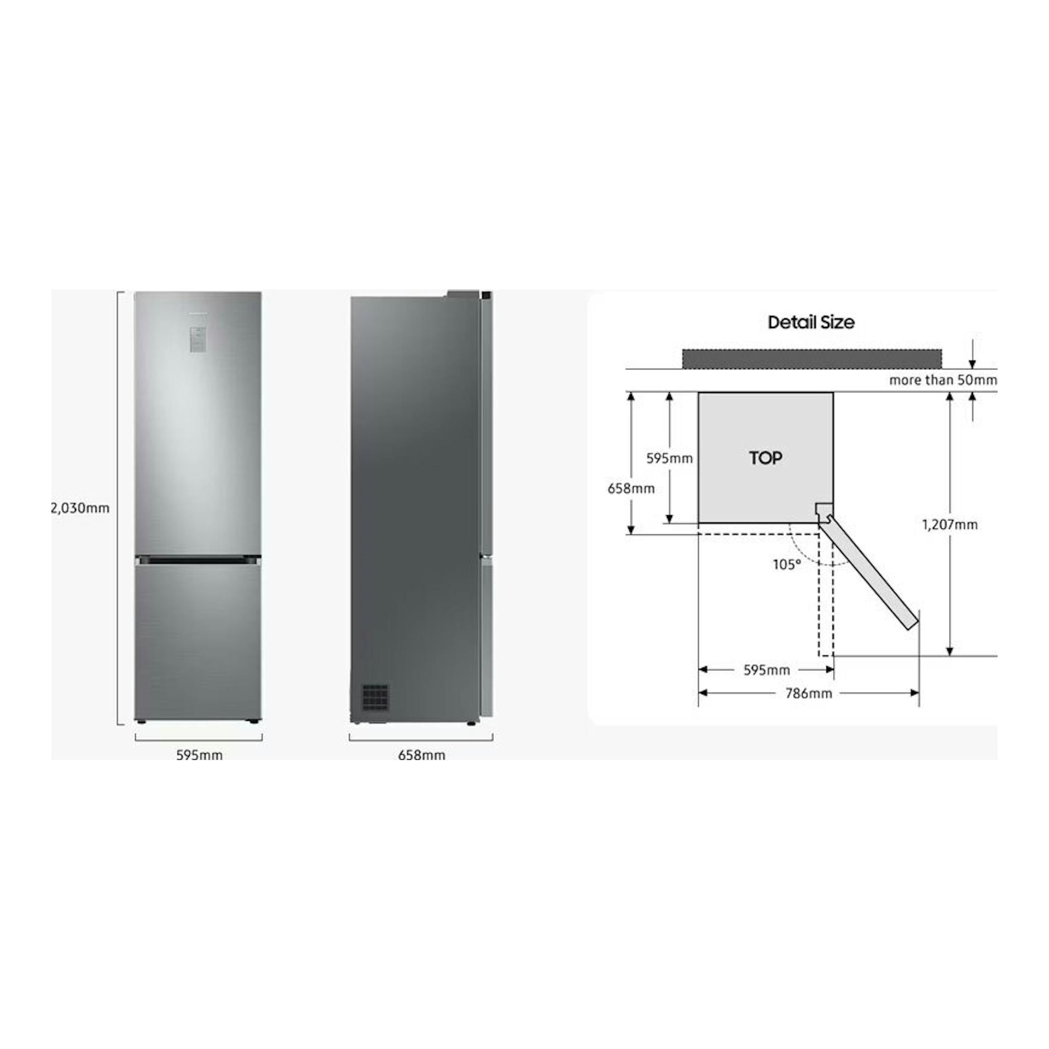 Samsung RB38C603DSA/EF, frigorífico combi inox, vistas frontal y lateral con medidas y esquema de apertura.