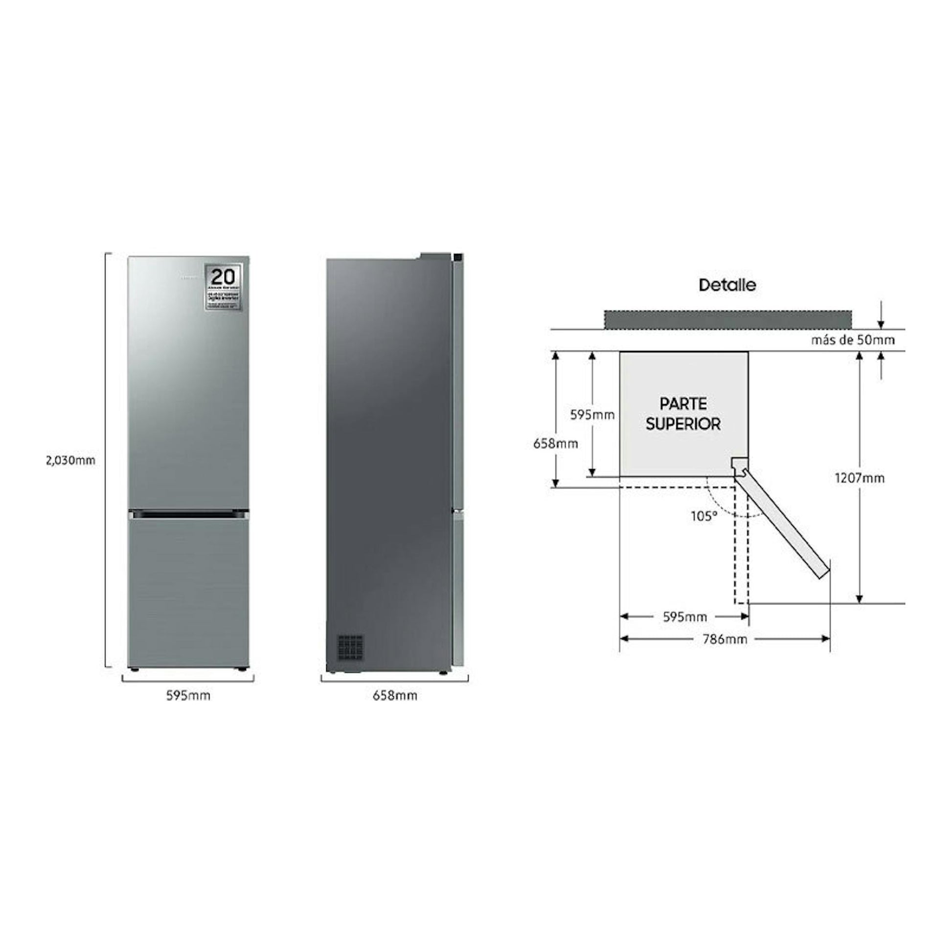 Samsung RB38C600CS9/EF frigorífico combi inox, vista frontal y lateral con medidas y esquema de apertura.