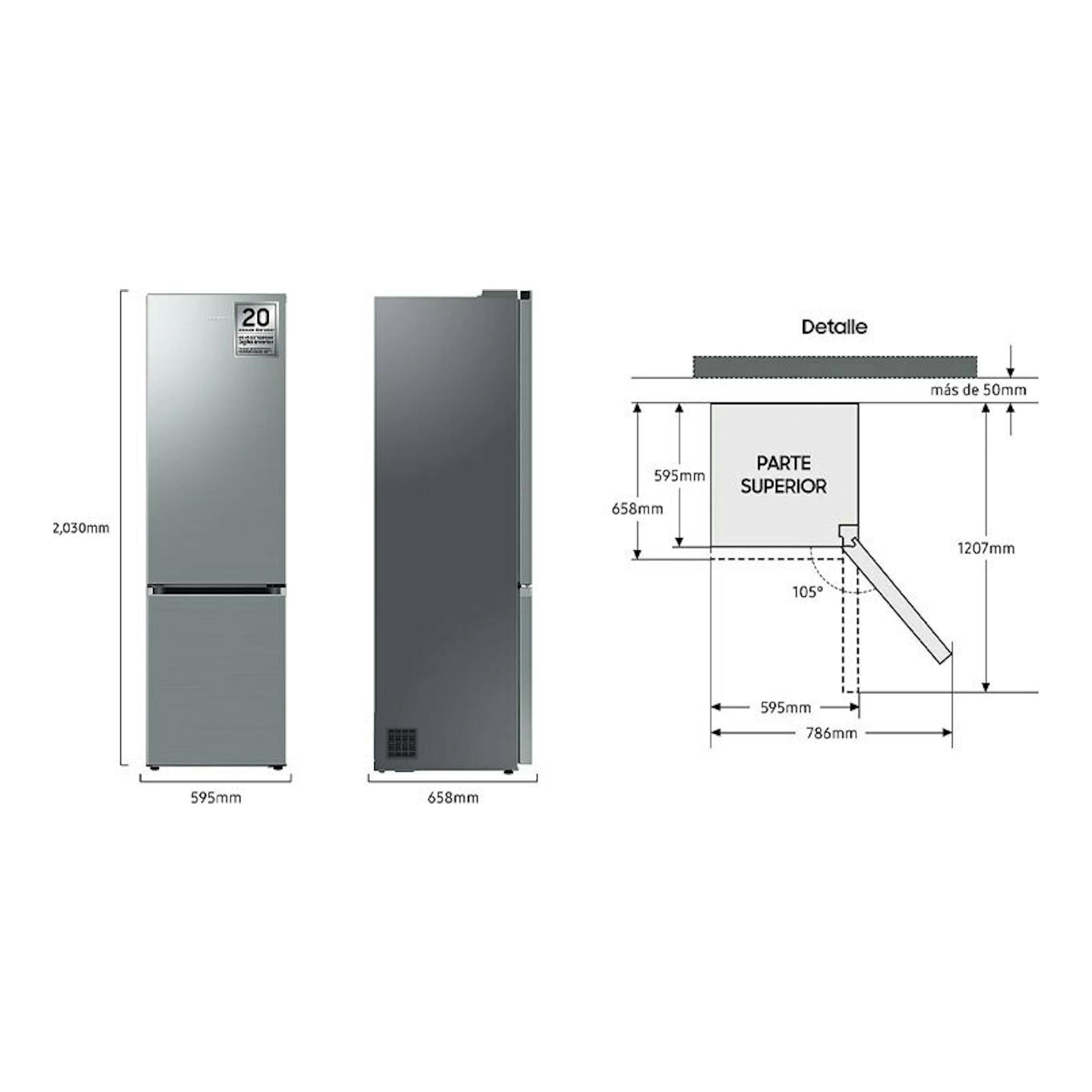 Samsung RB38C600CS9/EF frigorífico combi inox, vista frontal y lateral con medidas y esquema de apertura.