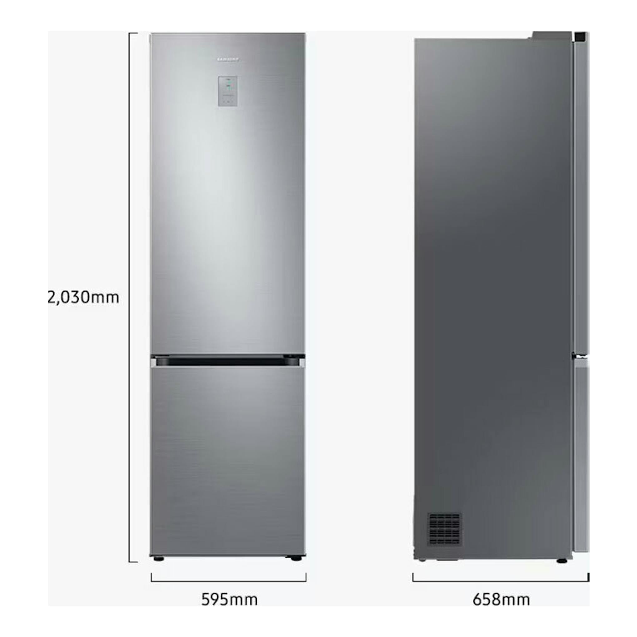 Frigorífico combi Samsung RB38C776ASR/EF inox, vista frontal y lateral, con medidas 2030 x 595 x 658 mm.