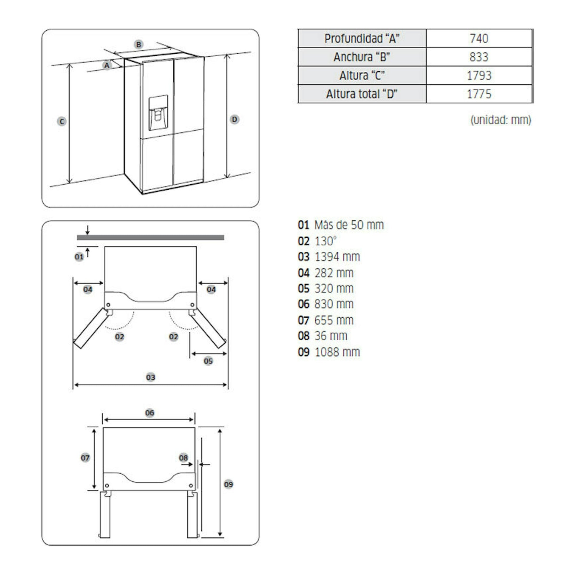 Samsung RF48A401EM9/EF: diagrama técnico de frigorífico americano inox con medidas y apertura de puertas.