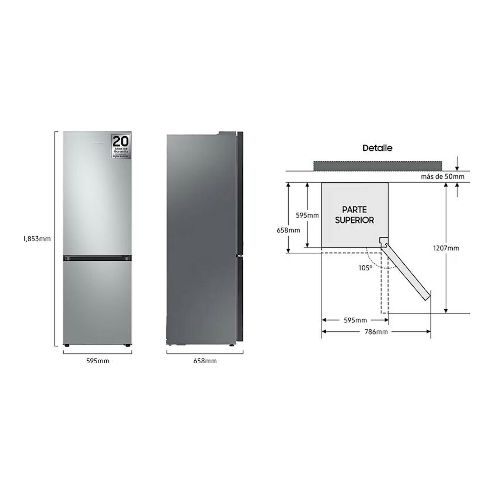 Samsung RB34C600CSA/EF inox, frigorífico combi visto de frente y lateral con esquema de medidas.