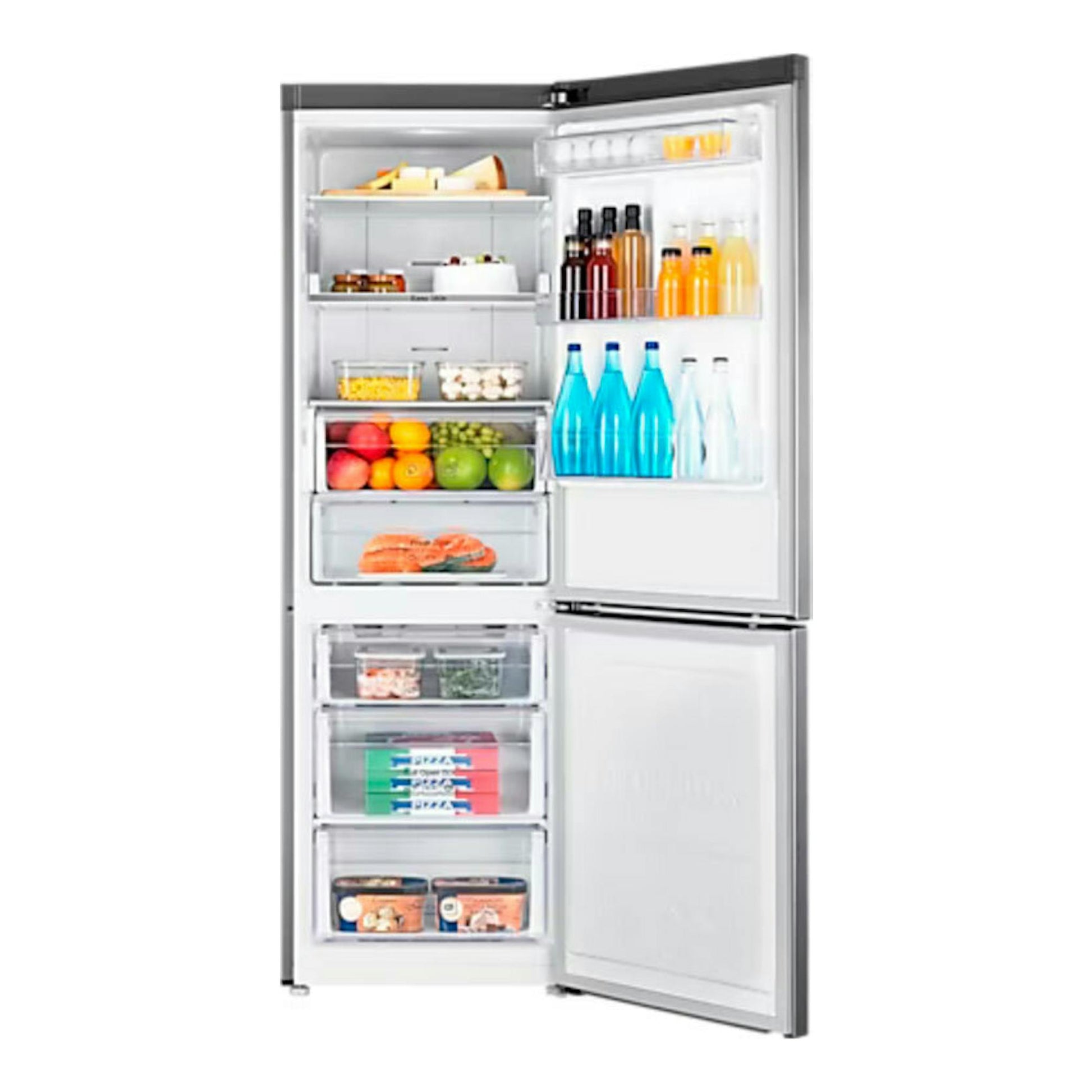 Frigorífico combi Samsung RB33J3205SA/EF inox, vista frontal con puertas abiertas.